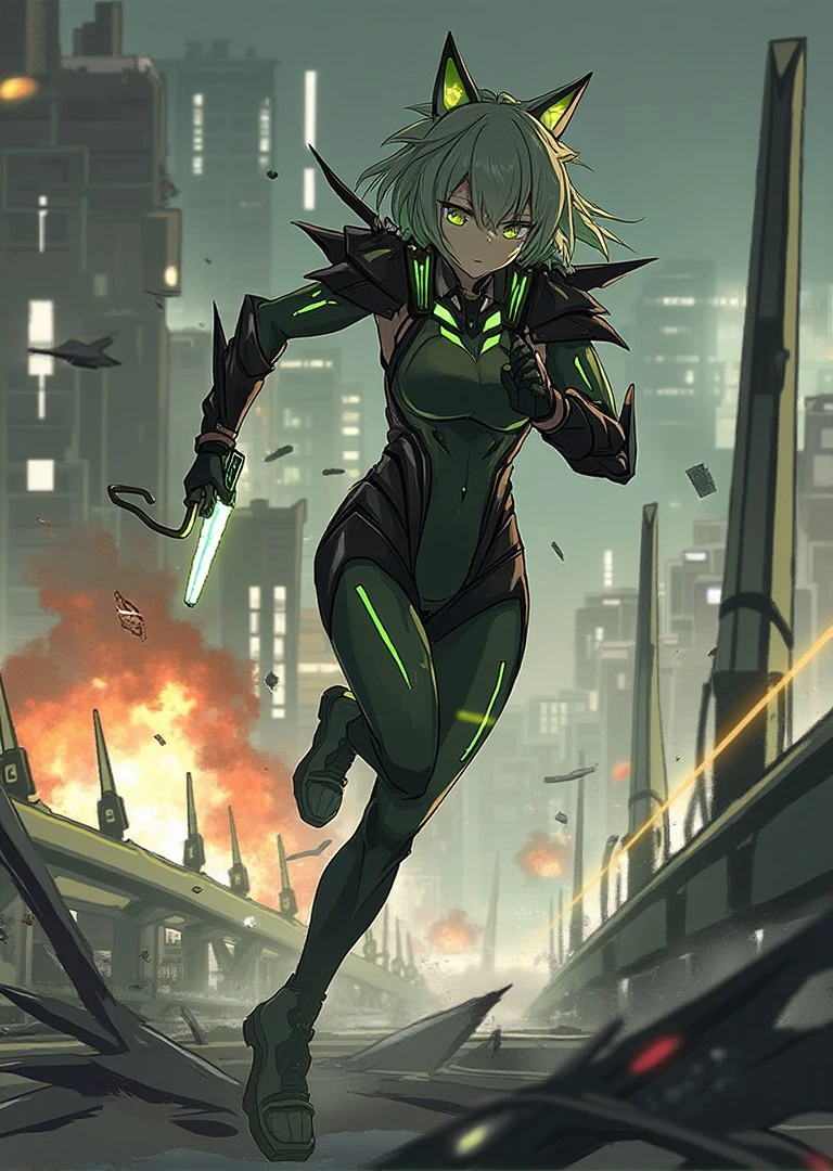 <lora:kaltsit-from-arknights-fluxv1:0.9> Kaltsit
Kaltsit is mid-run on a collapsing futuristic bridge, wearing a sleek combat suit in shades of matte black and dark green. Her outfit features armored plates on her shoulders and boots, along with glowing neon lines running along her arms and legs. In her right hand, she wields a glowing syringe-like weapon, while her left hand grips a grappling hook. Her hair is swept back as she moves with determination. Explosions erupt behind her, scattering debris and sparks into the air.
Style:
Dynamic, high-energy cyberpunk with neon accents and gritty textures. The cityscape is illuminated by flashing emergency lights and the fiery glow of explosions.
Camera effects:
The camera is placed at an angle slightly behind Kaltsit, capturing her motion as she sprints forward. Motion blur highlights the chaos around her, while the glowing neon lines on her suit contrast sharply against the dark environment.