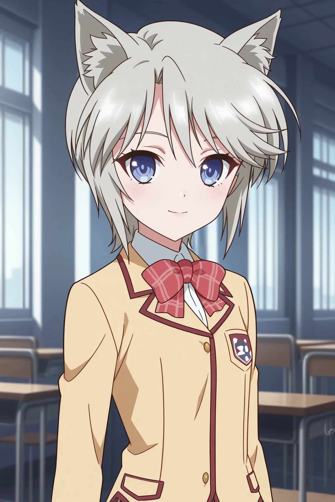 masterpiece, best quality, absurdres, highres, very aesthetic, BREAK, anime coloring, anime screencap, official art,
<lora:ezomori_nozomu_v1-illustrious:1>, 1girl, ezomori nozomu, kanokon, blue eyes, grey hair, short hair, wolf ears,
school uniform, long sleeves, bow, plaid skirt, kneehighs,
BREAK, looking at viewer, light smile, upper body,
BREAK,