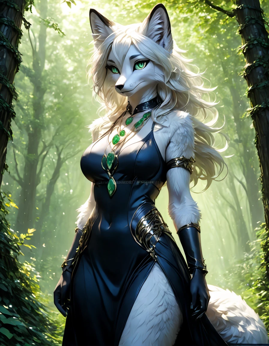 semi-realistic anthropomorphic art, (nsfw:1.2), solo focus, wide angle lens, epic scale, dynamic 3rd party perspective, dynamic action pose, professional illustration, furry style,long blonde wavy human-like hair, blonde fur with a white stripe in the center of her body, bushy blonde fox tail, a beautiful anthro fox druid with a deep connection to the natural world, fluid and graceful, leaves and vines used as hair accessories, innocent, naive, reflective green eyes, medium naturally sagging breasts, skimpy clothing crafted from the forest, necklace with priceless emeralds shaped like leaves, in the style of Magic the Gathering and Naughty America <lora:Realistic_Anime_Style_-_Pony:0.6> <lora:Anime_Enhancer:0.6> <lora:Magic_Enhancer:0.6>