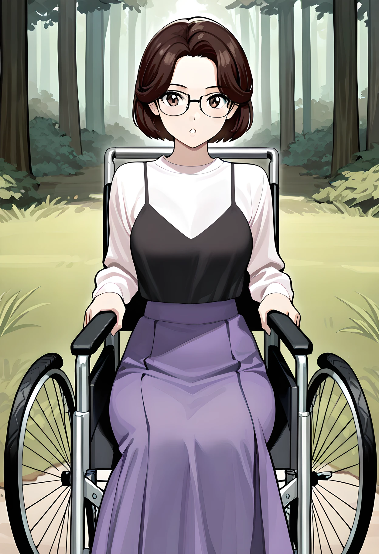 masterpiece, best quality, amazing quality, very aesthetic, absurdres, newest, 1girl, detailed face,
mangamaster,
forest background, grey mist in background, outdoors,
<lora:olivia_illustr:1> 0l1v1a_f3ar, glasses, short hair, brown hair, brown eyes, long skirt, purple skirt, skirt, shirt, sweater, wheelchair,
sitting, legs together