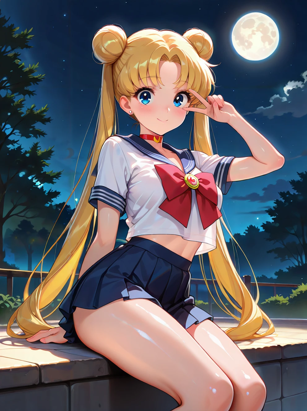 masterpiece,amazing quality,best quality,ultra-detailed,8K,illustration,CG,shiny hair,clear skin,ultra-detailed-eyes,cute girl, eyelashes,v, moon ,night,<lora:double bun twintail_illustrious_V1.0:0.7> double bun twintail,long hair,serafuku,white shirt,miniskirt,tsukino usagi,hand on eyes