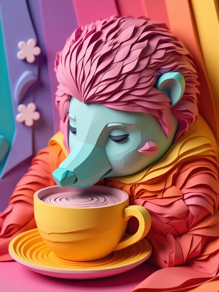 rainb0wp4p3r style, an intricate, highly detailed image in rainbow paper style, depicting a cute little hedgehog sipping from a hot tea cup, covered with a warm blanket