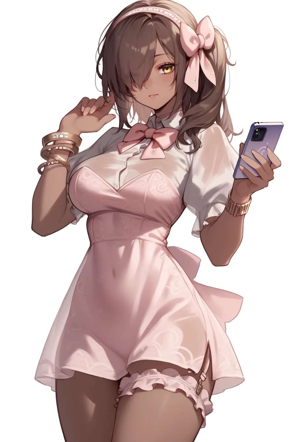 <lora:NIKKE_Naga-PONY:0.8> 1girl, solo, cowboy shot, white background, dark skin, yellow eyes, large breasts, brown hair, side ponytail, hair over one eye, naganed, pink dress, puffy sleeves, hairband, thigh garter, bracelet, hair bow, bowtie, holding phone, see-through, score_8_up, score_7_up, score_6_up, score_5_up, score_4_up,