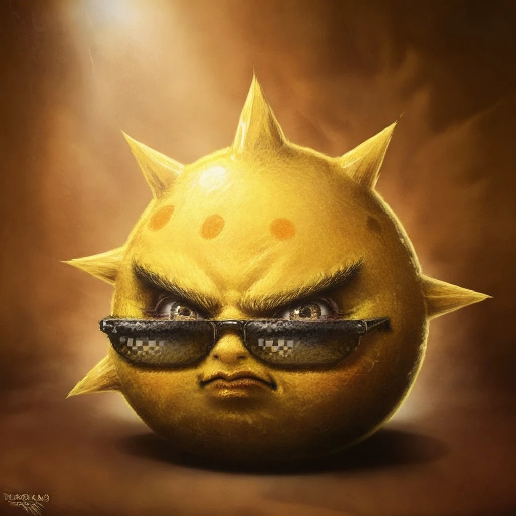 SamSprattAngryBirds, solo, detailed pores, wrinkles, Head only, close up, cropped body, upper body, bodyless, no body, head view, head focus, upper body, headshot, face focus, furrowed eyebrows, realistic, cartoonish, hyper-realistic, digital painting, digital art, painting, oil painting style, dramatic lighting, single light source, soft glow, muted background, radial gradient, spotlight effect, realism, dramatic composition, reflective highlights, round character, round head, looking at viewer, human, colored skin, noseless, no nose, no nostrils, 1girl, SolarBrawl, yellow skin, orange dots on skin, pixelated sunglasses, black sunglasses, sunglasses down, spikes, spiky head, spiky character, yellow spikes, angry, closed mouth, angled view