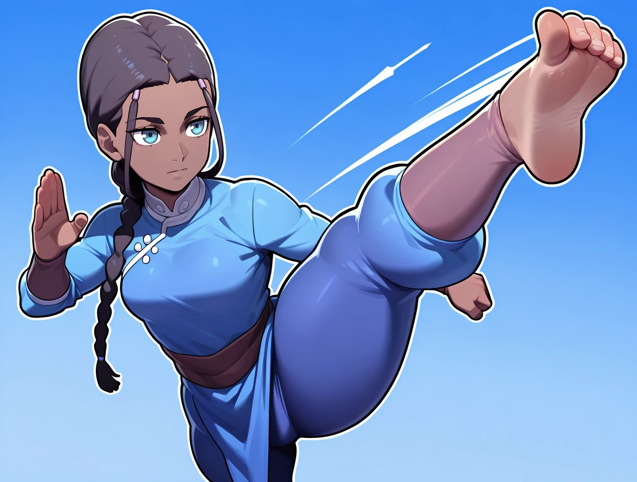 1girl, solo, gradient background, blue background,
black hair, long hair, braid, blue eyes, dark-skinned female,
standing, standing on one leg, one leg up, looking away, expressionless, from above, fighting stance, high kick,
blue dress, tight clothes, blue pants, barefoot,
thighs, knees, feet, toes,
katara, dart,
<lora:D-Art_Style_Illustrious:1>