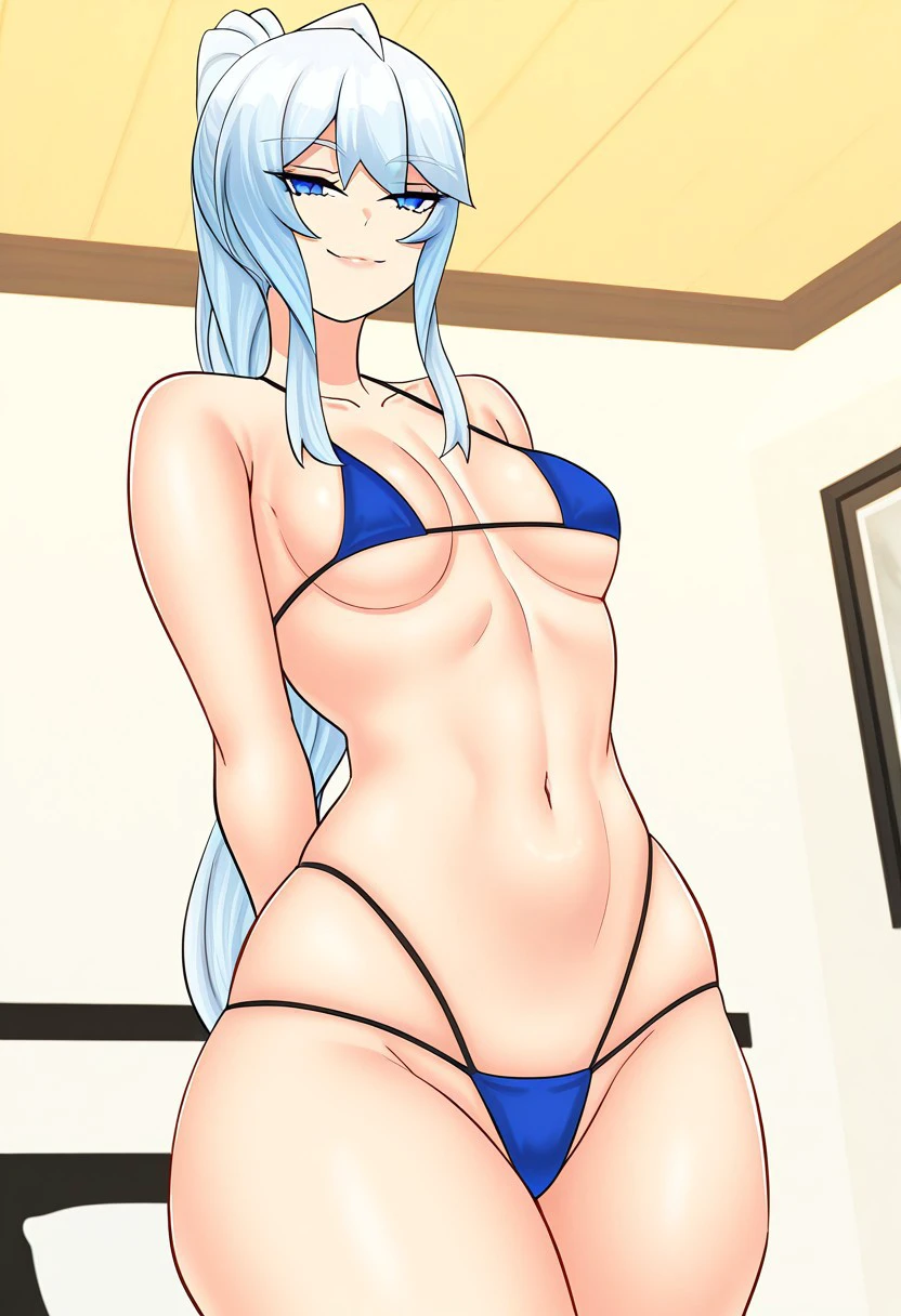 score_9, score_8_up, score_7_up, ASCII masterpiece, source_anime, BREAK, 1girl, solo, (( <lora:ruina:1> , ruina, thin waist, thin hips, beautiful skin, piercing blue eyes, clear eyes, bright pupils, beautiful eyes, beautiful light blue hair, ponytail, ahoge, bangs, small breasts, natural beauty, extraordinary beautiful woman, attractive woman, super sexy woman, lustful body, sexy woman with seductive obscene body, sensual body, voluptuous body, sexy beauty, no piercings, no piercing, )) , ((sexy erotic blue micro bikini top, sexy erotic blue micro bikini bottom, )) , sexy pose, cowboy shot, seducative smile, sexy, hands behind back, inside hotel room, morning lights, beauty, front view,