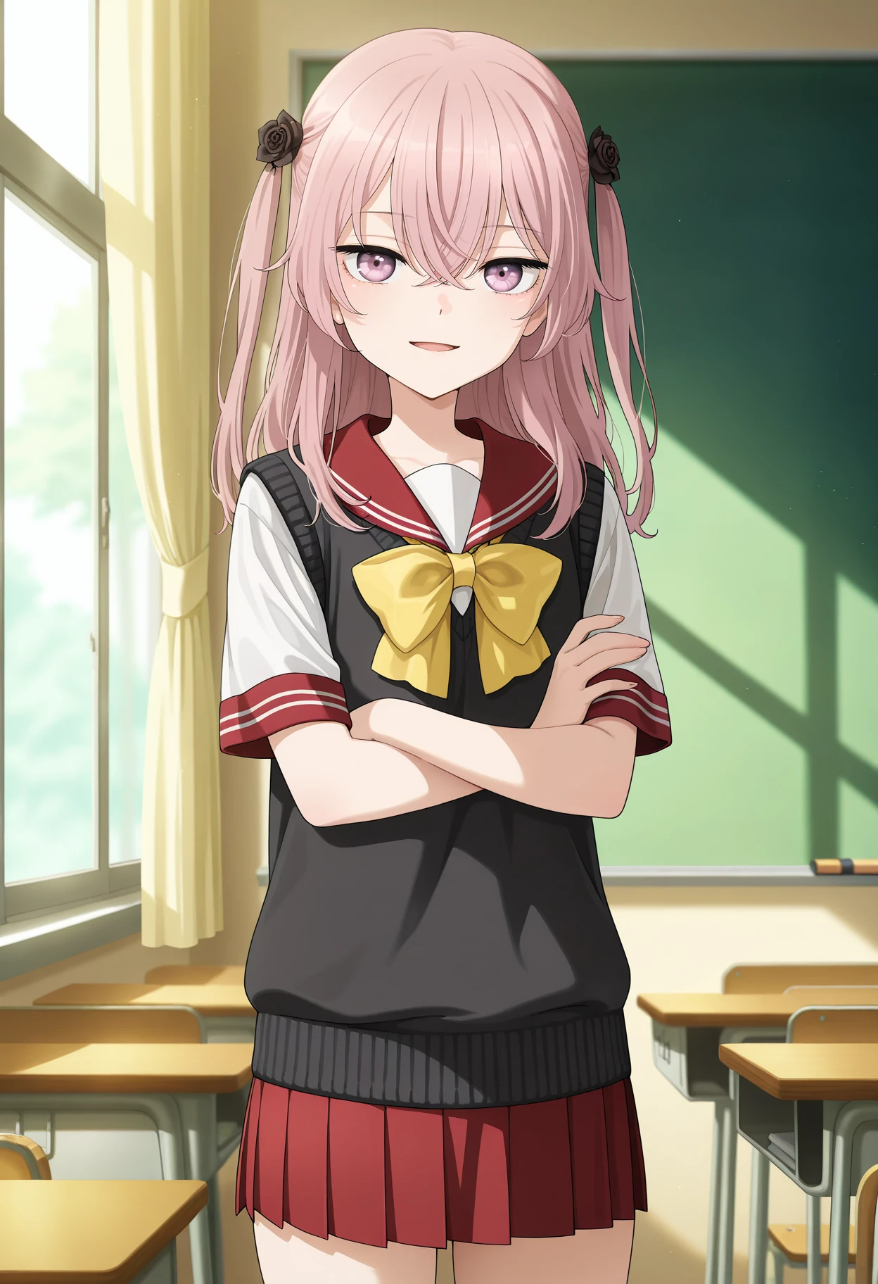 anime screencap, masterpiece, best quality,
<lora:SonoBisqueDoll_InuiSajuna_IlluXL:1>,
1girl, solo, open mouth, light smile,
long hair, two side up, crossed bangs, pink hair, multicolored eyes, hair flower, black rose,
SajunaSchool, serafuku, red sailor collar, yellow bow, sweater vest, black vest, short sleeves, pleated skirt, red skirt,
standing, looking at viewer, crossed arms, cowboy shot, thighs,
indoors, classroom, day
