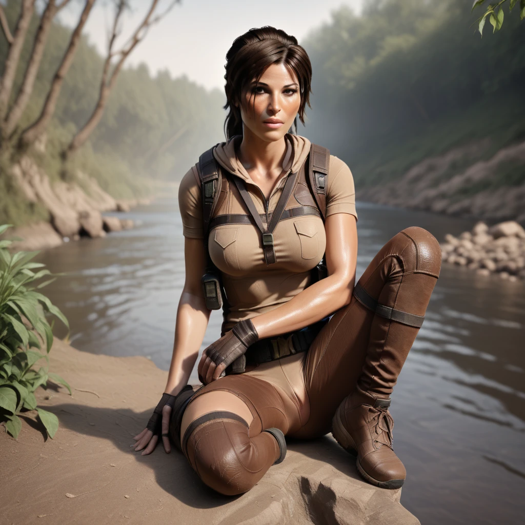 Lara Croft, from Tomb Raider, sitting, showing your feet