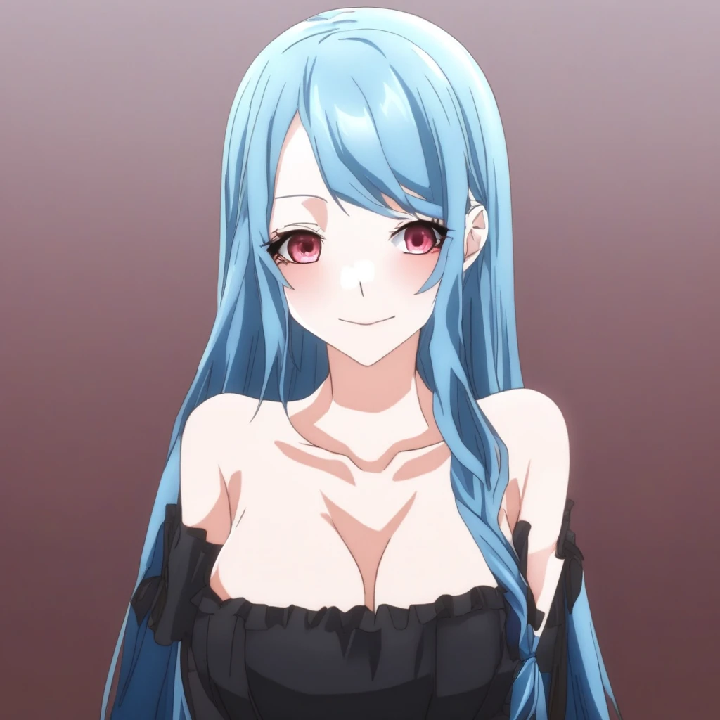 score_9, score_8_up, score_7_up, 1s2k41dech34tsk1ll,IsekaideCheatSkill,Isekai de Cheat Skill,   rating_safe,  1girl, solo, long hair, breasts, looking at viewer, blush, smile, bangs, blue eyes,  large breasts, black hair, closed dress, gloves, dress, bare shoulders, closed mouth,  blue hair, upper body, multicolored hair, elbow gloves, hair over one eye, collar, lips,  gradient hair, red lips,