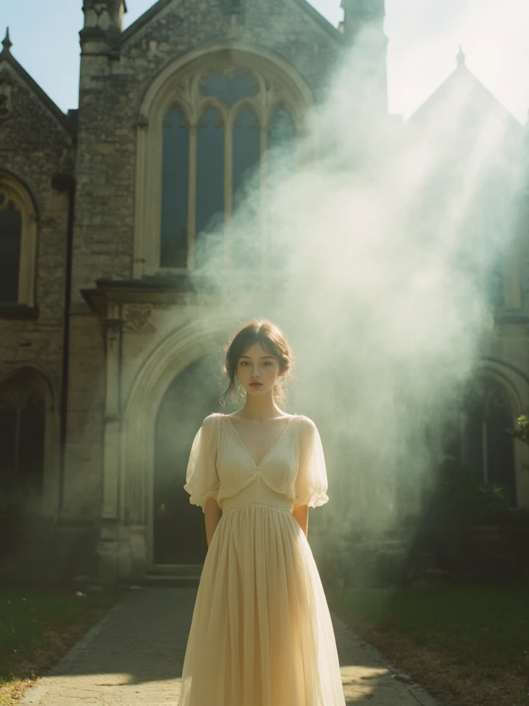 A girl in a dress stands in front of a vintage Gothic building, bathed in sunlight, captured by film photography, exuding a retro atmosphere with strong contrasts of light and shadow. Hazy smoke.,dingdaer