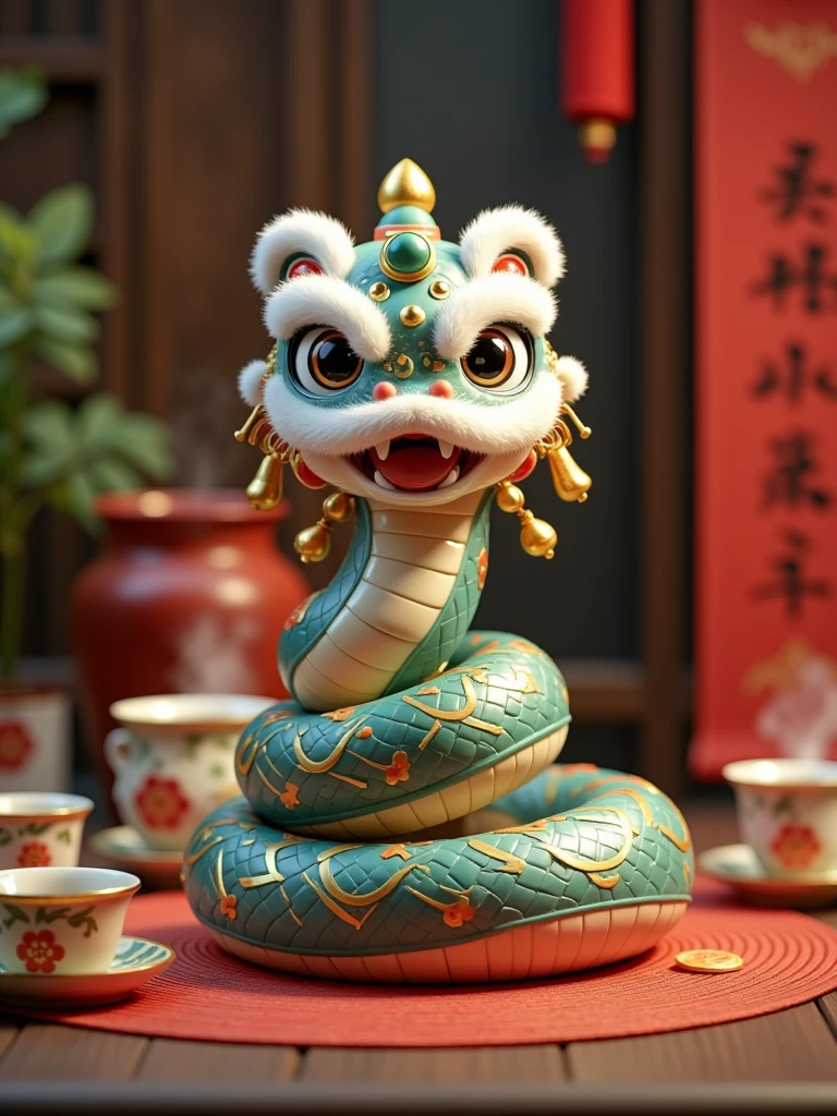 <lora:Cute Snake MTL_f1:0.8>  A snake coiled around a teapot, its lion dance headpiece featuring intricate pearl and jade designs. The cozy indoor background includes steaming tea cups, with 3D text on a scroll: "Tea of Tranquility - Snake Year 2025."