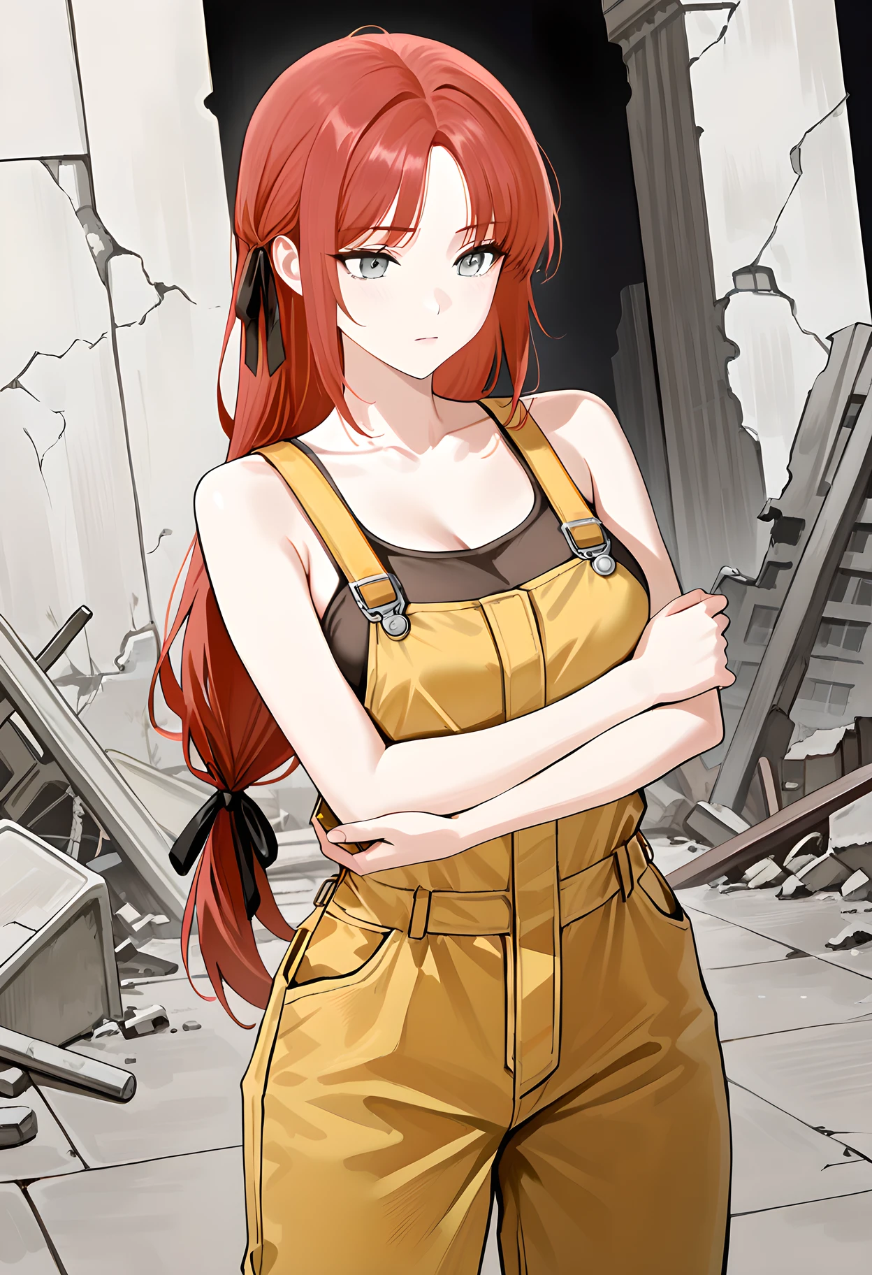 masterpiece, best quality, amazing quality, very aesthetic, absurdres, newest, 1girl, detailed face,
grey ruins background, abstract background, distorted background,
<lora:abella_illustr:1> ab311a_f3ar, long hair, red hair, overalls, hair ribbon, bangs, ribbon, collarbone, grey eyes,
standing, crossed arms,