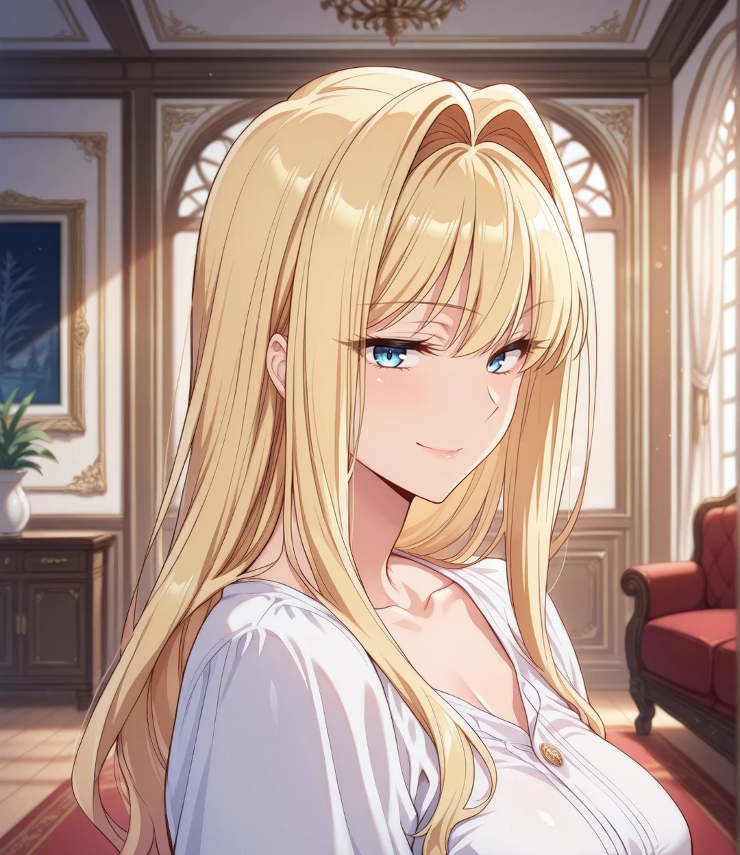 (masterpiece, best quality:1.2), amazing quality, very aesthetic, 32k, absurdres, extremely beautiful, newest, scenery, extra details, (sharp detailed:1.2), sharp focus, absurdres, official art, detailed anatomy, correct anatomy, (nakamura_regura:0.4), character focus,
1girl, blonde hair, blue eyes, hair intakes, collarbone, closed mouth, solo focus, white shirt, seductive look, smile,
detailed, (shiny skin), soft shaded, depth of field, indoors, royal interior, living room, bokeh, <lora:IL_Charlotte:1.0> <lora:dkdravenV7_r1:1.0>