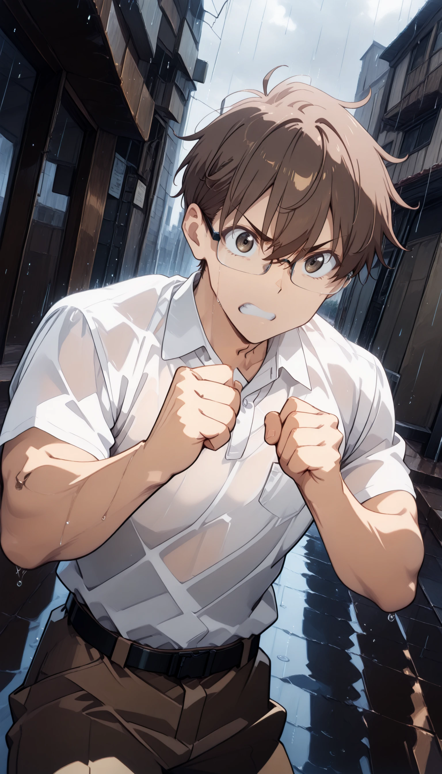 1boy, original, (solo:1.1), yamasetakeshi, male focus, mature male, hands up, fighting stance, clenched hands, brown eyes, clenched teeth, serious, v-shaped eyebrows, glasses, (white shirt:1.1), polo shirt, breast pocket, brown pants, belt, black belt, (ahoge:0.95), shirt tucked in, street, suburb, (rain:1.2), Tokyo, day, noon, cloudy sky, cinematic angle, cinematic lighting, dot nose, (anime coloring:1.0), recent, masterpiece, best quality, absurdres, very aesthetic, detailed <lora:Detailer_NoobAI_Incrs_v1:1> <lora:Takeshi_Yamase:1> <lora:illustrious_noobai_epsilon_pred_11_very_aesthetic_v1:1.0>