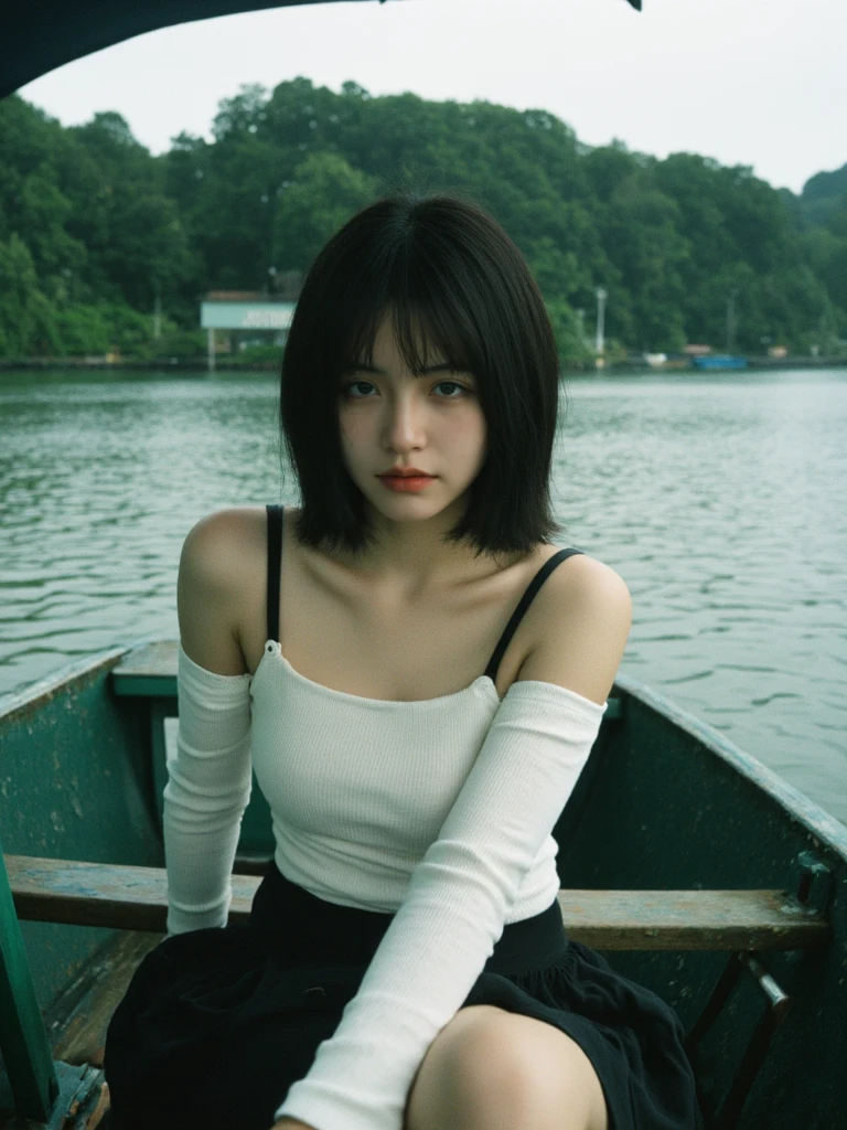 A girl is sitting in a boat, wearing a white top, with overcast weather, green light and shadow, rainy day, film photography, strong contrast between light and dark,DonRatios
