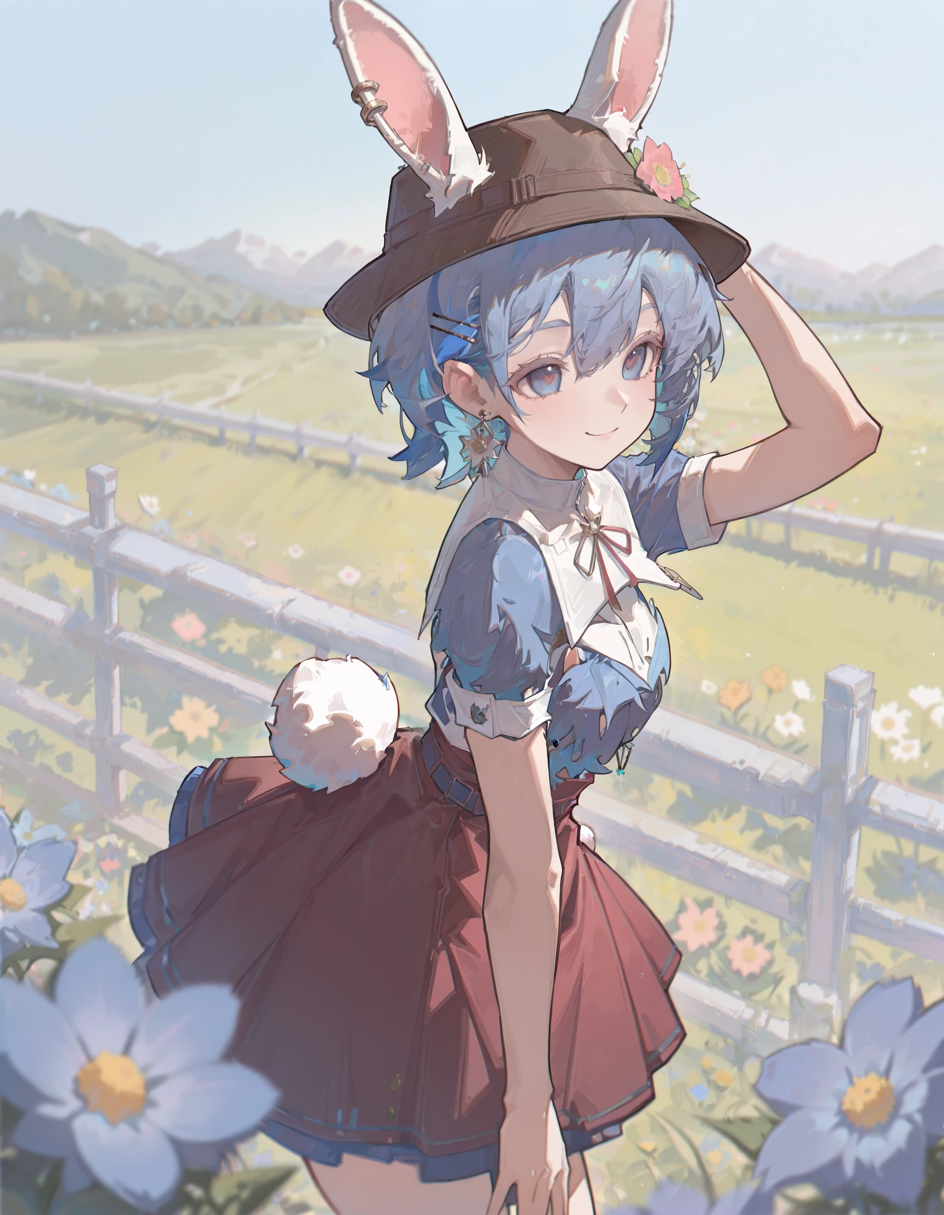 masterpiece, best quality, very aesthetic,newest, very awa,Y4ungpeng_illu, hat,1girl, blue eyes, solo, animal ears, blue hair, rabbit ears, short hair, skirt, jewelry, smile, outdoors, earrings, flower, tail, short sleeves, <lora:Y4ungpeng_style:1>,(blurry :1.2), depth of field,