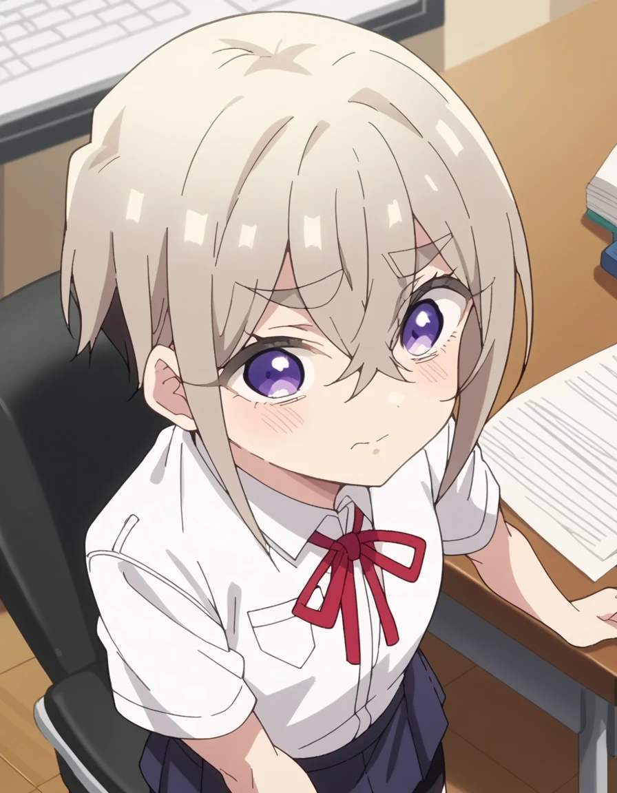 score_9, score_8_up, score_7_up, source_anime, <lora:iku-sutou-trailer-ponyxl-lora-nochekaiser:1>, iku sutou, short hair, purple eyes, grey hair, uniform anime screencap, skirt, shirt, school uniform, white shirt, short sleeves, pleated skirt, shorts, red ribbon, neck ribbon, bike shorts, shorts under skirt, office, desk, computer, chair, paperwork, , from above,, looking at viewer, solo,, cowboy shot, solo