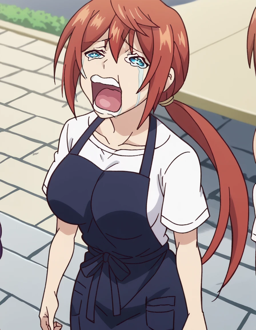 score_9, score_8_up, score_7_up, source_anime, <lora:hiyori-miyazaki-ova-ponyxl-lora-nochekaiser:1>, hiyori miyazaki, long hair, blue eyes, ponytail, low-tied ponytail, red hair, large breasts, mature female, anime screencap, shirt, white shirt, apron, black apron, pants, denim,, village, houses, community, rural, farms, , <lora:chopper-crying-ponyxl-lora-nochekaiser:1> chopper crying, chopper crying (meme), meme, wavy eyes, crying, tears, teeth, open mouth, tongue,, looking at viewer, solo,, cowboy shot, solo