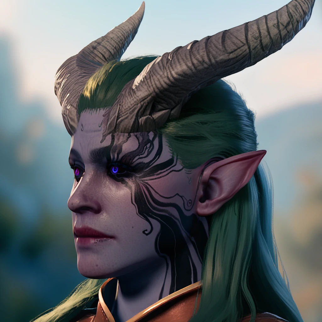 female fous, solo focus, solo, score_9, score_8_up, score_7_up, <lora::1> 1 girl, blue skin, dryad, wooden horns, horns, green hair, long hair, BG3DreadFogTattoo, face Tattoo, Tattoo,