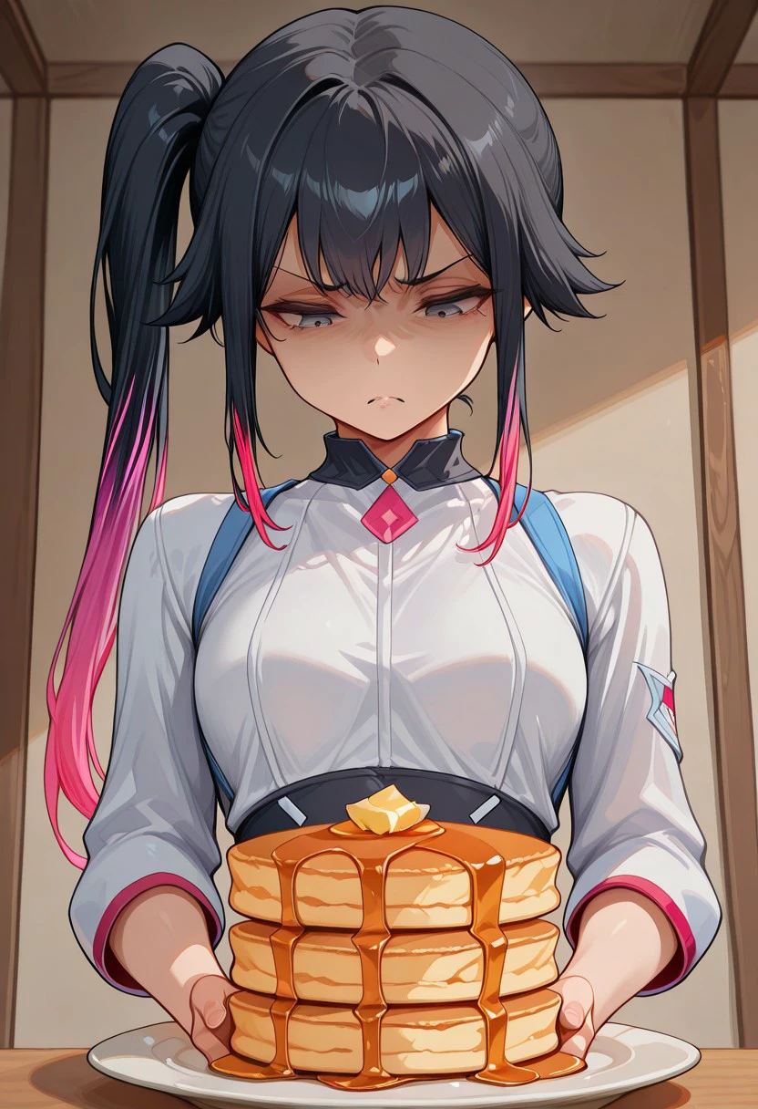 1girl, solo, shiki_dwno, black hair, multicolored hair, side ponytail, gray eyes
Looking down, frown, disgust, 
maple syrup, pancake stack,  
masterpiece, best quality, amazing quality, freebos_smoothiestyle