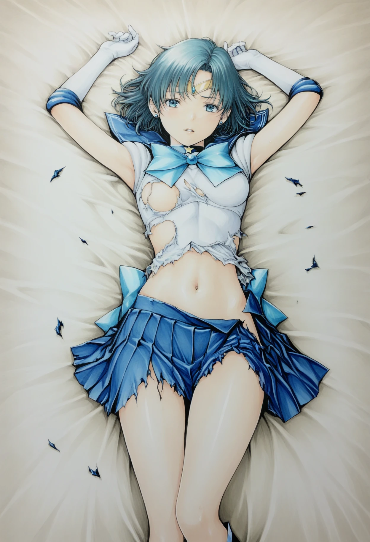 safe, masterpiece, very aesthetic, katsu, traditional media, from above
BREAK 1girl, sailor mercury, medium breasts, torn clothing, navel, lying, on back
 <lora:katsu_NAIXL_v11-000020:1>