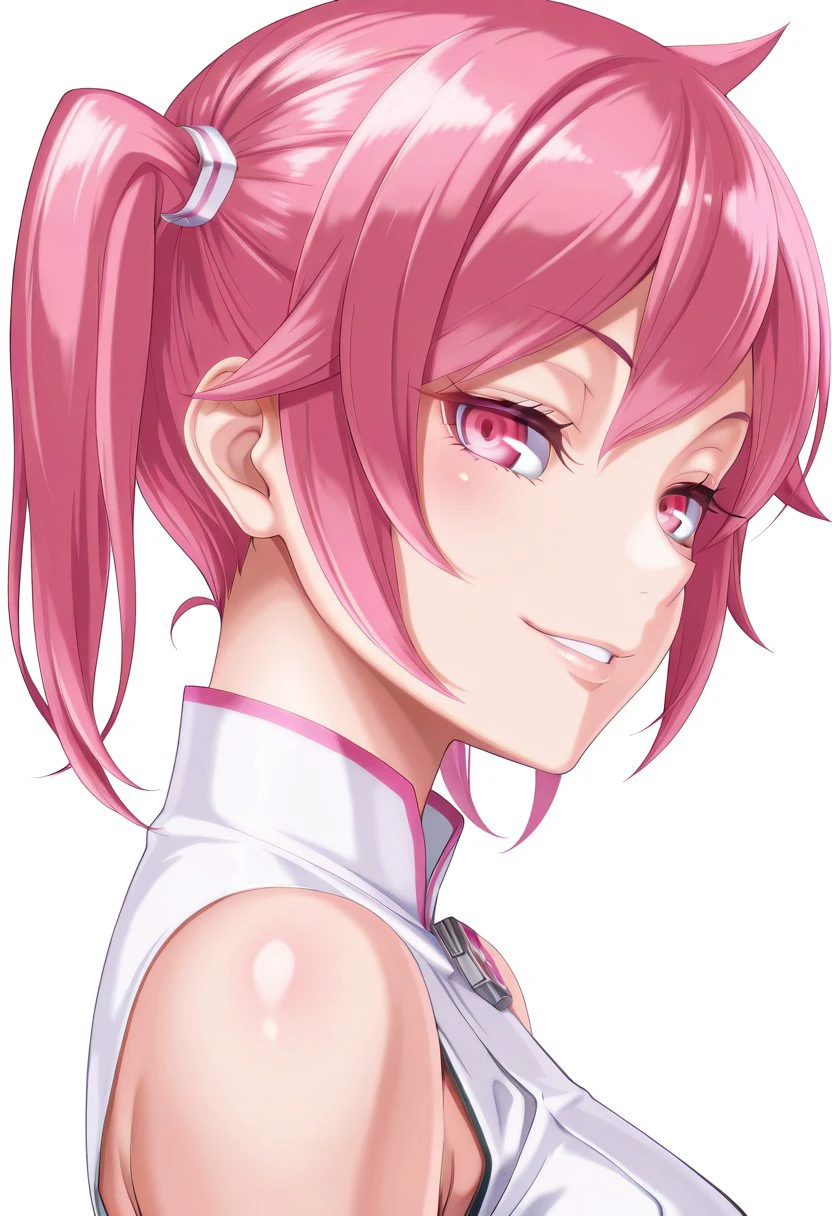 absurdres, 4k res, high quality, score_7_and_above, 1girl, solo, masterpiece, akiho_rindou, pink hair, twintails, pink eyes, white dress, portrait, seductive smile, highly detailed, side view, looking at viewer, good eyes