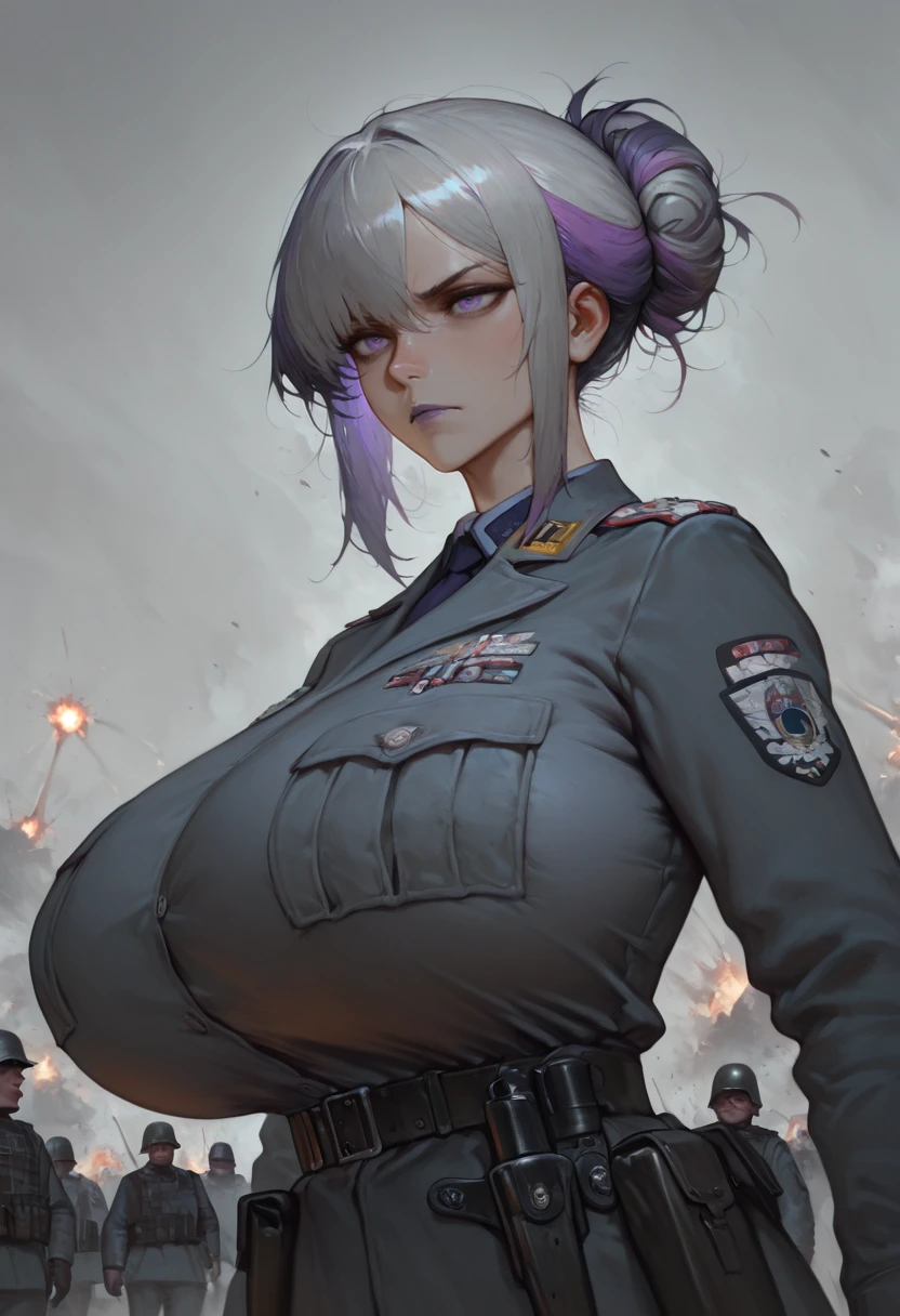 masterpiece, best quality, amazing quality, very aesthetic, absurdres, newest,
solo, detailed face, perfect face, trenches, explosions, war, soldier, military uniform, serious, action shot, <lora:Sivka-IL:1> sivka, gigantic breasts, multicolored hair, grey hair, purple hair, purple eyes, purple lips,