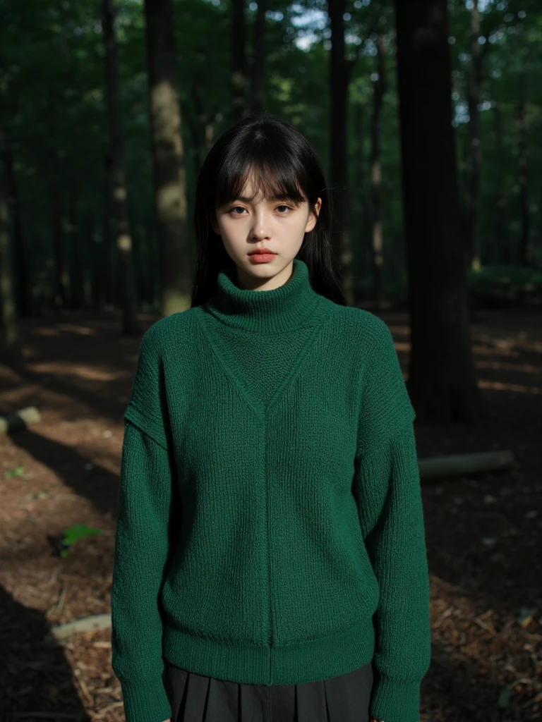 A girl wearing a green sweater stands in the forest, with strong contrast between light and shadow, film photography, holding a camera in her hand.,DonRatios