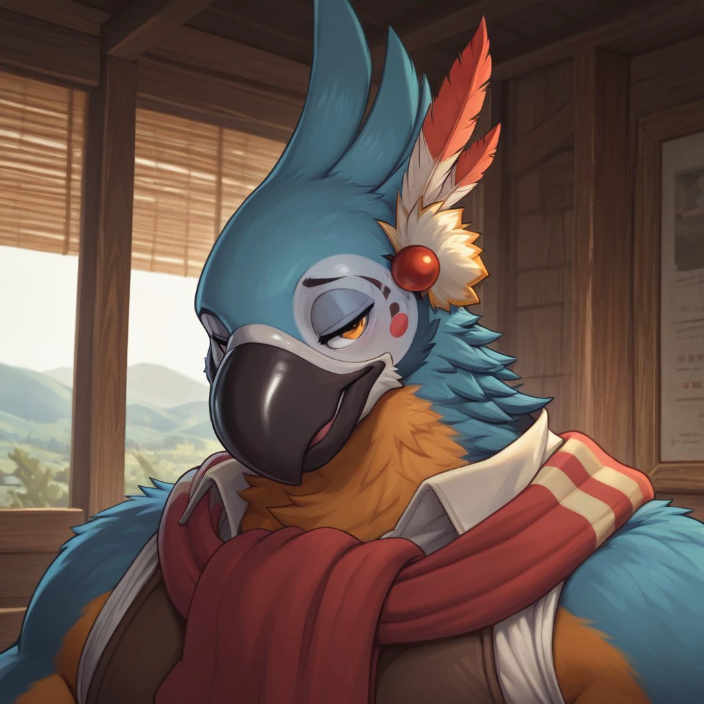 masterpiece, best quality, amazing quality, solo, 1boy, Kass, bara, close up, scar, sleeveless shirt, feather hair ornament, 