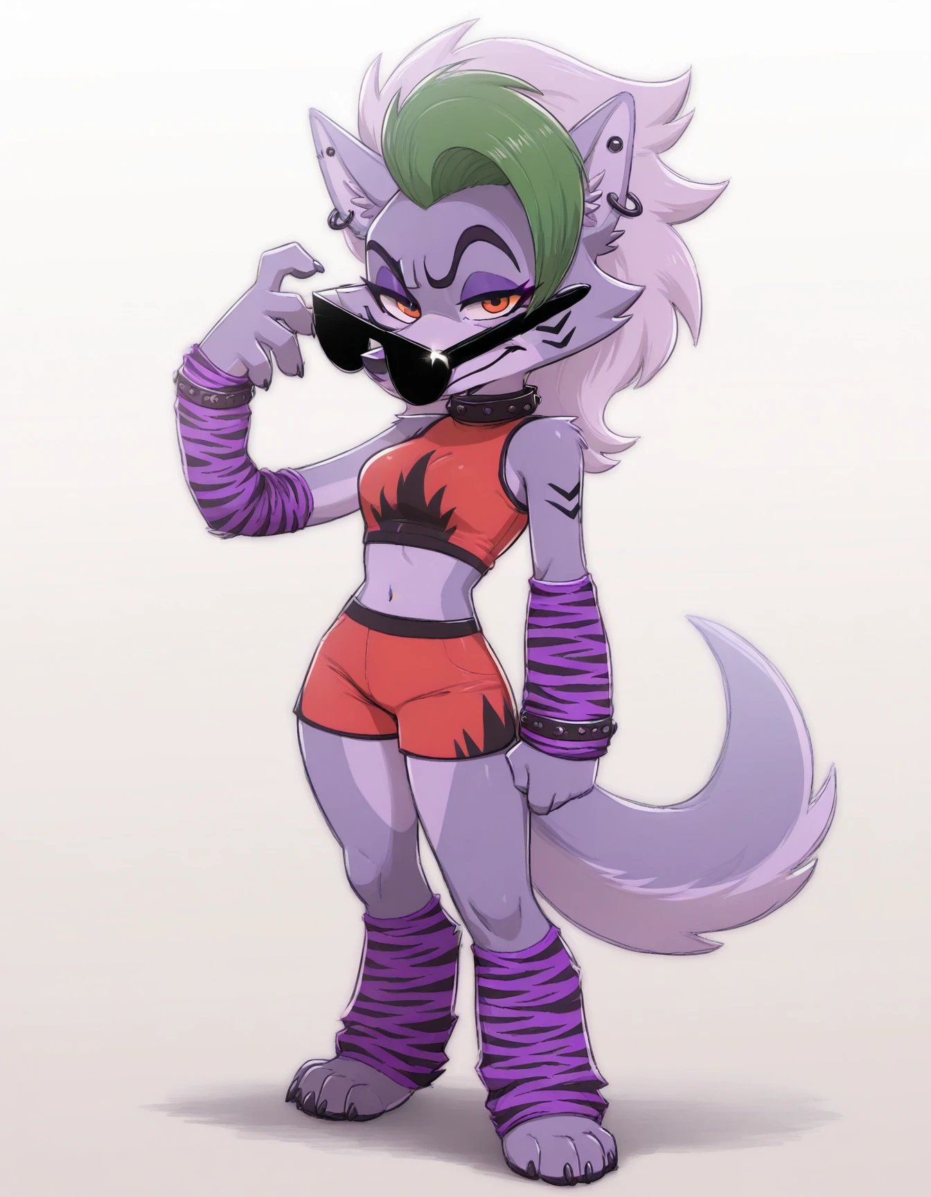 masterpiece, best quality, furry, cartoon
Roxanne-CbdCcnt-style, silver hair, orange eyes, wolf ears, green bangs, red croptop, studded collar, earring, purple tigerprint arm warmers, studded piercing, red hotpants, red shoulderpads, mikus-concept, sunglasses, standing, confident pose, full body raised eyebrow, <lora:sus-guy-il:1>
<lora:Roxanne-CbdCcnt-style_il:0.9>