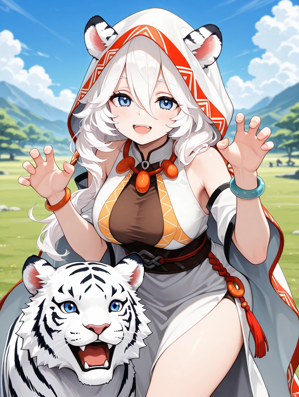 kanna, 1girl, solo, long hair, smile, open mouth, blue eyes, dress, holding, animal ears, hair between eyes, bare shoulders, jewelry, white hair, :d, outdoors, sky, cloud, hood, bracelet, blue sky, animal, claw pose, tiger ears, tiger, white tiger


masterpiece, best quality,amazing quality, very aesthetic, absurdres, depth of field, blurry background, extremely detailed face, detailed eyes