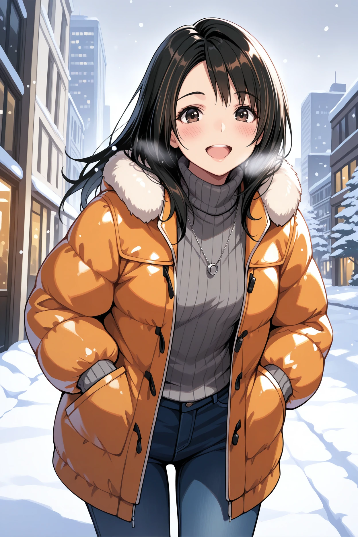 masterpiece, best quality, 1girl, solo,  <lora:ffrinoa-illu-nvwls-v1-000007:1> ffrnaht, black hair, long hair, dark brown eyes, necklace, grey sweater, turtleneck, looking at viewer, jeans, snow, winter, puffy jacket, happy, open mouth, blush, cold, hands in pockets, city, asian