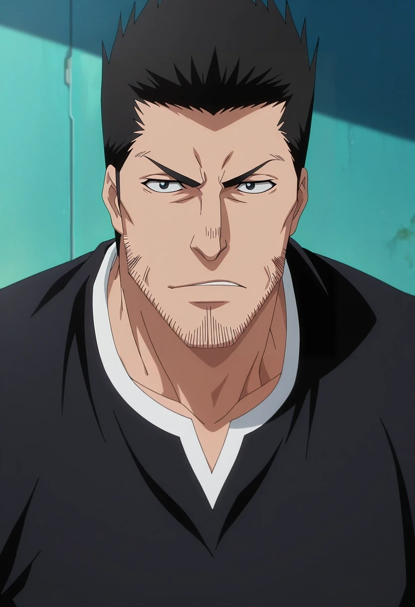 masterpiece, best quality, , anime screencap, anime coloring, official style, , 1boy, solo, male focus, <lora:isshin_kurosaki_ilxl:0.96>, isshin_kurosaki, black hair, black eyes, short hair, spiked hair, facial hair, stubble, beard, ,