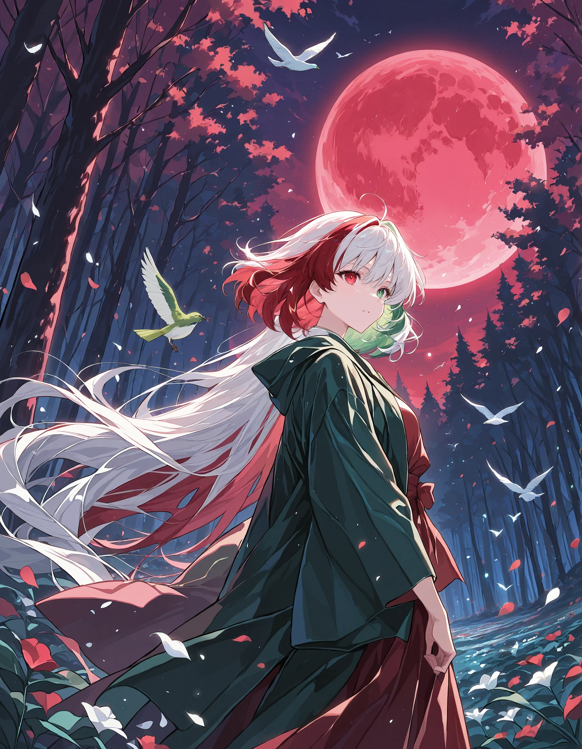 masterpiece, best quality, very aesthetic,newest, very awa,  <lora:S4ilor_style_illu_2:1>,1girl,heterochromia, green eyes, red eyes, split-color hair, green_hair,white hair,night,red moon,  night,white petals,black petals, white bird, green bird,  abstract background, forest