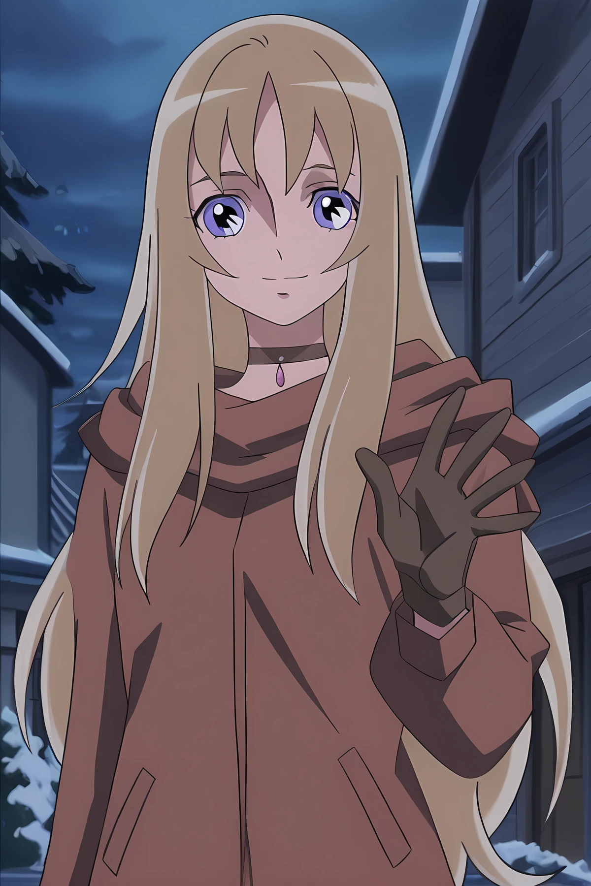 detailed, absurdres, highres, masterpiece, best quality, amazing quality, official anime artwork, screencap, anime screencap,
<lora:Aquila_Yuna_V3_Illustrious:1> Aquila Yuna, 1girl, solo, long hair, blonde hair, brown hair, anime coloring, Winter Outfit, choker, gloves,
waving at viewer, house, looking at viewer, street,