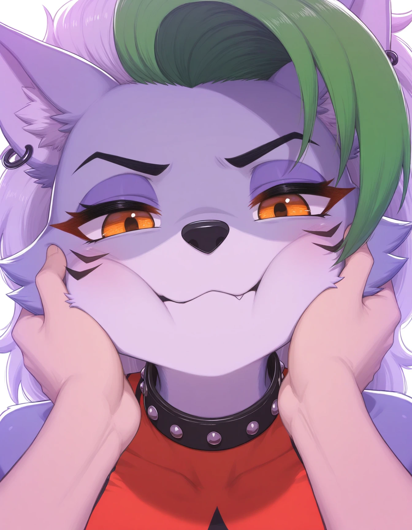 score_9, score_8_up, score_7_up, Emote, high quality, high res, highly detailed face, white background,
Purple lynx, furry, eyeliner, eyelished, femboy, kemono, black eyeshadow, long hair, wavy hair, collar, shota, head tuft, shoulder tuft, chest tuft, purple fur, purple hair, fluffy, shirtless, looked pleasured, disheveled, (black lipstick), seductive, teasing face, cute fangs, hair over shoulders, by hioshiru, penis, cum on face, facial, cum on hair, cumshot, one eye closed, cumshot in mouth, testicles, balls on face, ((rub penis on face)), visble breath, hard breath, heart-shaped pupils, pov, veiny penis, realistic penis,