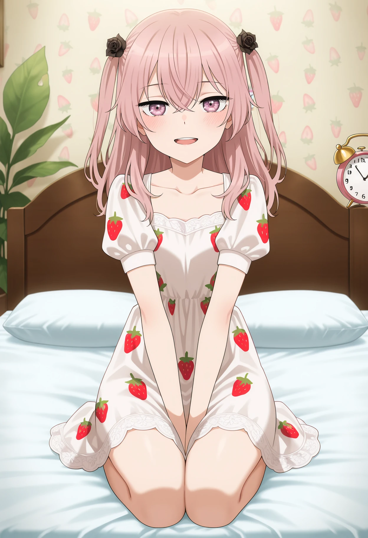 anime screencap, masterpiece, best quality,
<lora:SonoBisqueDoll_InuiSajuna_IlluXL:0.9>,
1girl, solo, open mouth, light smile, upper teeth only, blush,
long hair, two side up, crossed bangs, pink hair, multicolored eyes, hair flower, black rose,
SajunaDress, white dress, puffy short sleeves, strawberry print, collarbone,
on bed, seiza, looking at viewer,
indoors, bed, bedroom, plant, alarm clock