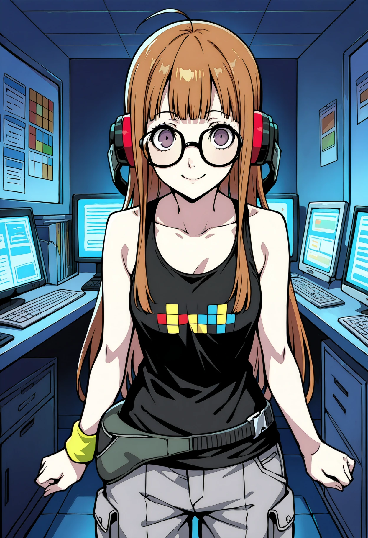 1 girl, solo, cute face,
p5futaba, sakura futaba, long hair, glasses, blunt bangs, orange hair, ahoge
p5futaba-summer, behind-the-head headphones, black tank top, bare shoulders, cargo pants, tetris, grey pants, fanny pack, wristband,
computer store, standing, looking at viewer, smile,
masterpiece, best quality, ultra detailed, thin outlines