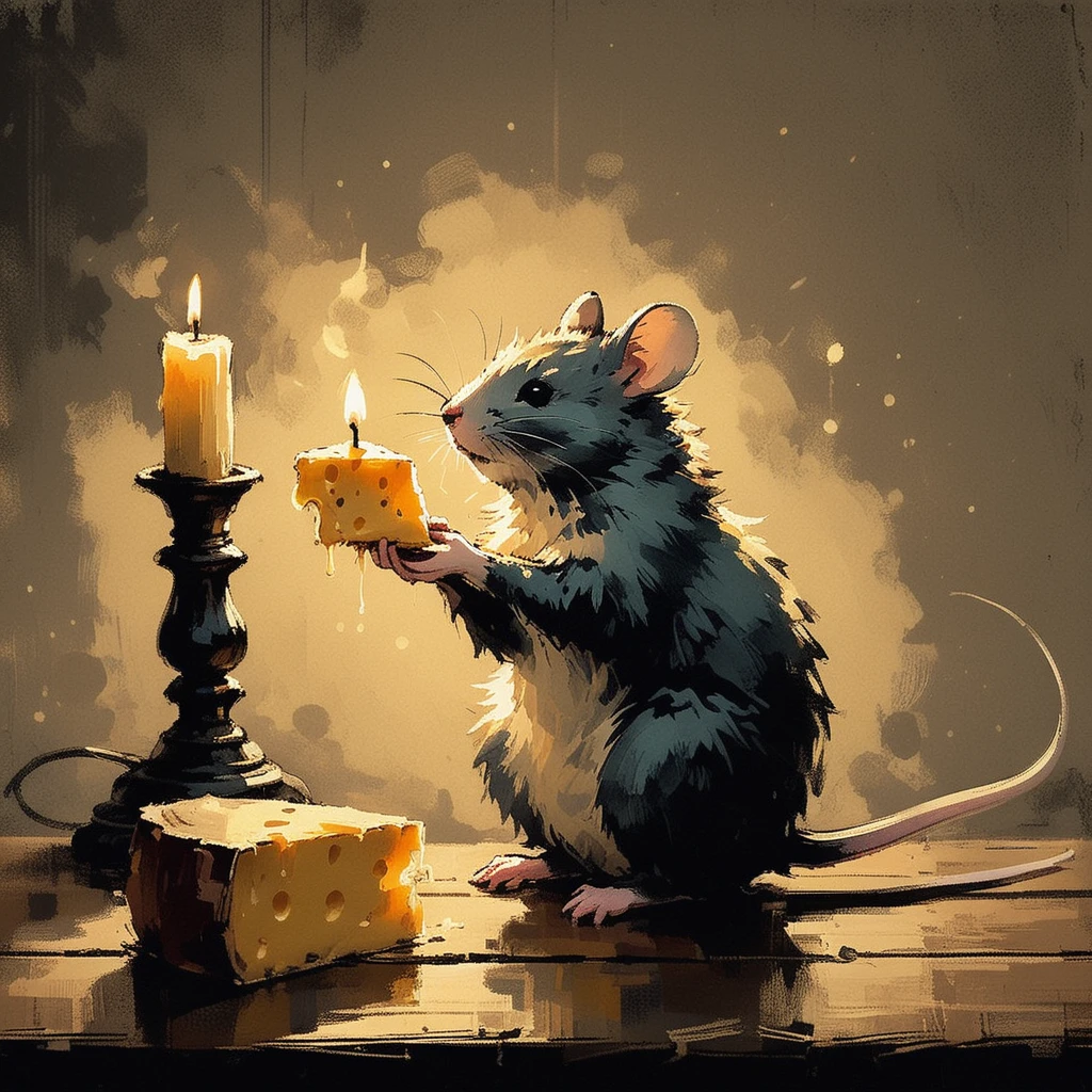 Special Ink-drawing mode, soft lighting with dynamic highlights.
A little mouse is sitting on a wooden table with a piece of cheese in its paws, in a darkened room, a dimly burning candle is barely visible on the far wall.