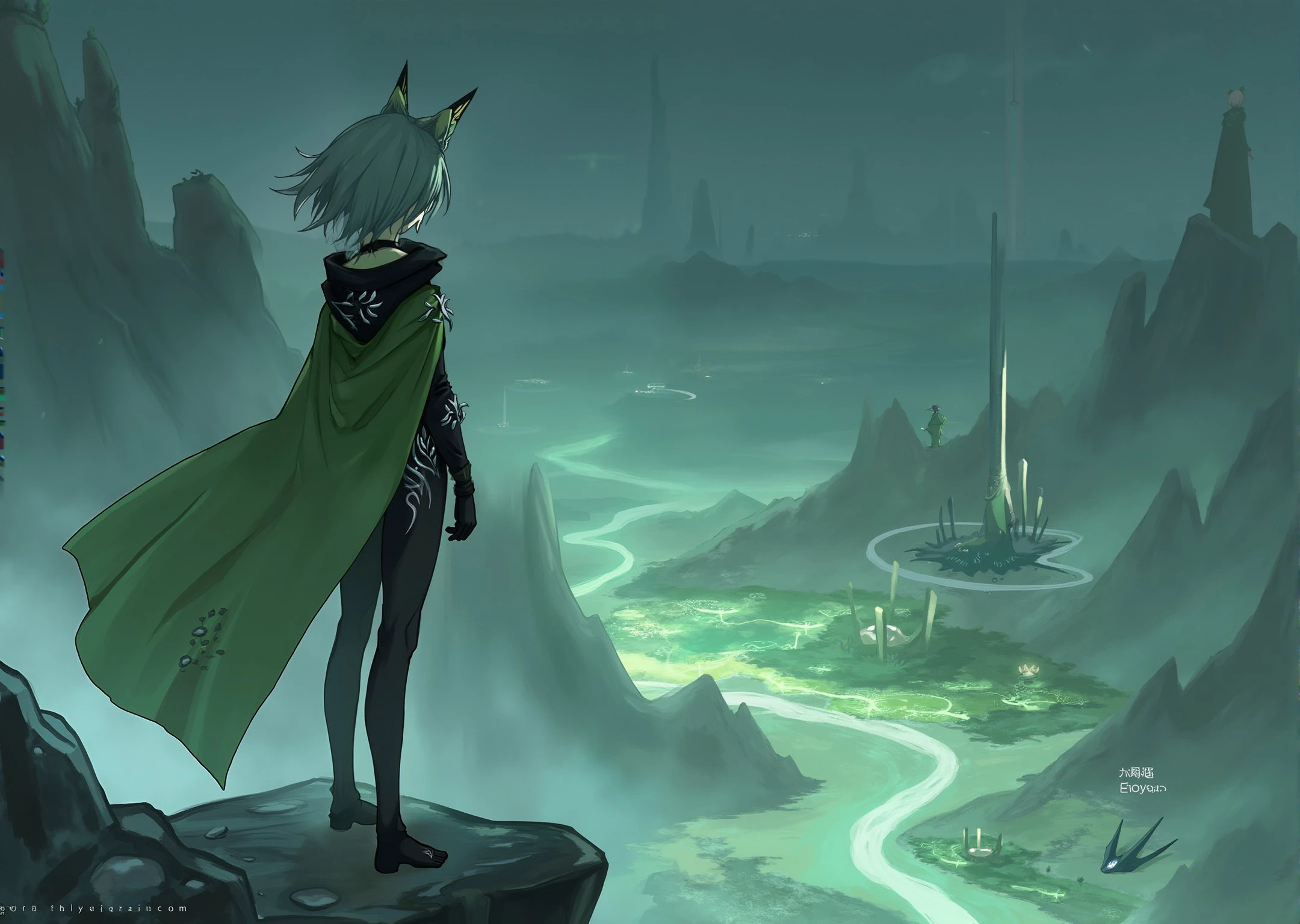 <lora:kaltsit-from-arknights-fluxv1:0.75>  Kaltsit 
Kaltsit stands majestically on a mist-covered cliff, wearing a flowing green cape over a simple black jumpsuit with silver embroidery resembling vines and leaves. Her outfit is designed to blend into the natural environment while still reflecting her elegance. She gazes out over a glowing valley filled with bioluminescent plants and alien structures, her hair catching the soft breeze.
Style:
Ethereal and dreamlike, with a blend of fantasy and sci-fi. The bioluminescent glow of the plants creates a soft, magical atmosphere, while the sharp cliffs and distant horizon add grandeur.
Camera effects:
The camera is positioned behind Kaltsit, capturing her silhouette against the glowing valley below. The mist softens the background, while her figure remains sharp and clear, emphasizing her connection to the landscape.