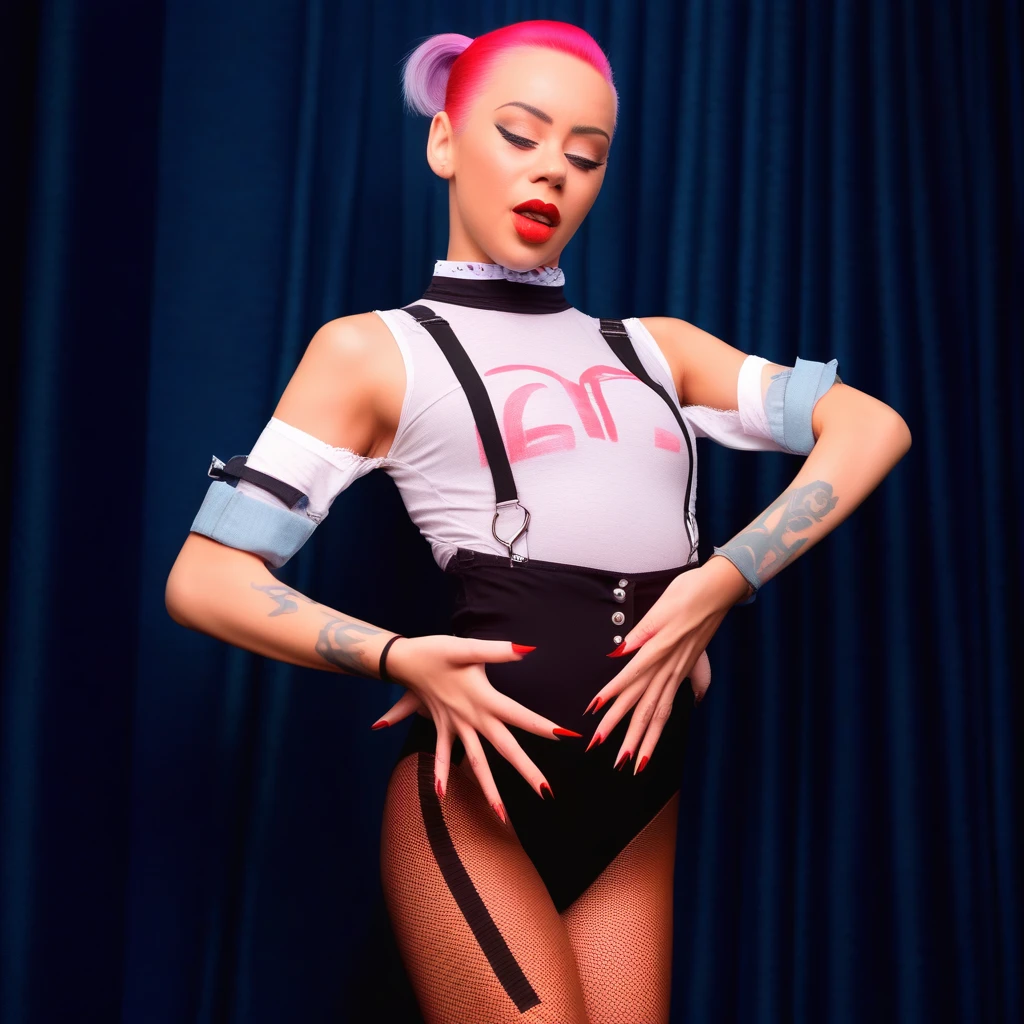 (masterpiece, best quality), 1girl, solo, (j4nu4ryj0n3s lying on back), (blmpony), (epiCRealLife), (underboobs), (half breasts), ((bulma_v1), (red lipstick), (aqua hair), (blue eyes), (young woman), (European model), (pink bulma_v1 shirt), (pink skirt), (pink pleated skirt), (pink hair ribbon), (aqua braided ponytail), (belt), (blue waist bag), (purple scarf), (bulma_v1 clothes writing) , (wrist gloves), ( brown leather gloves), (medium breasts), (bulma_v1 pink skirt),(light smile), (lying on the bed), (close up), (planters), (in a bedroom), (flash photography)