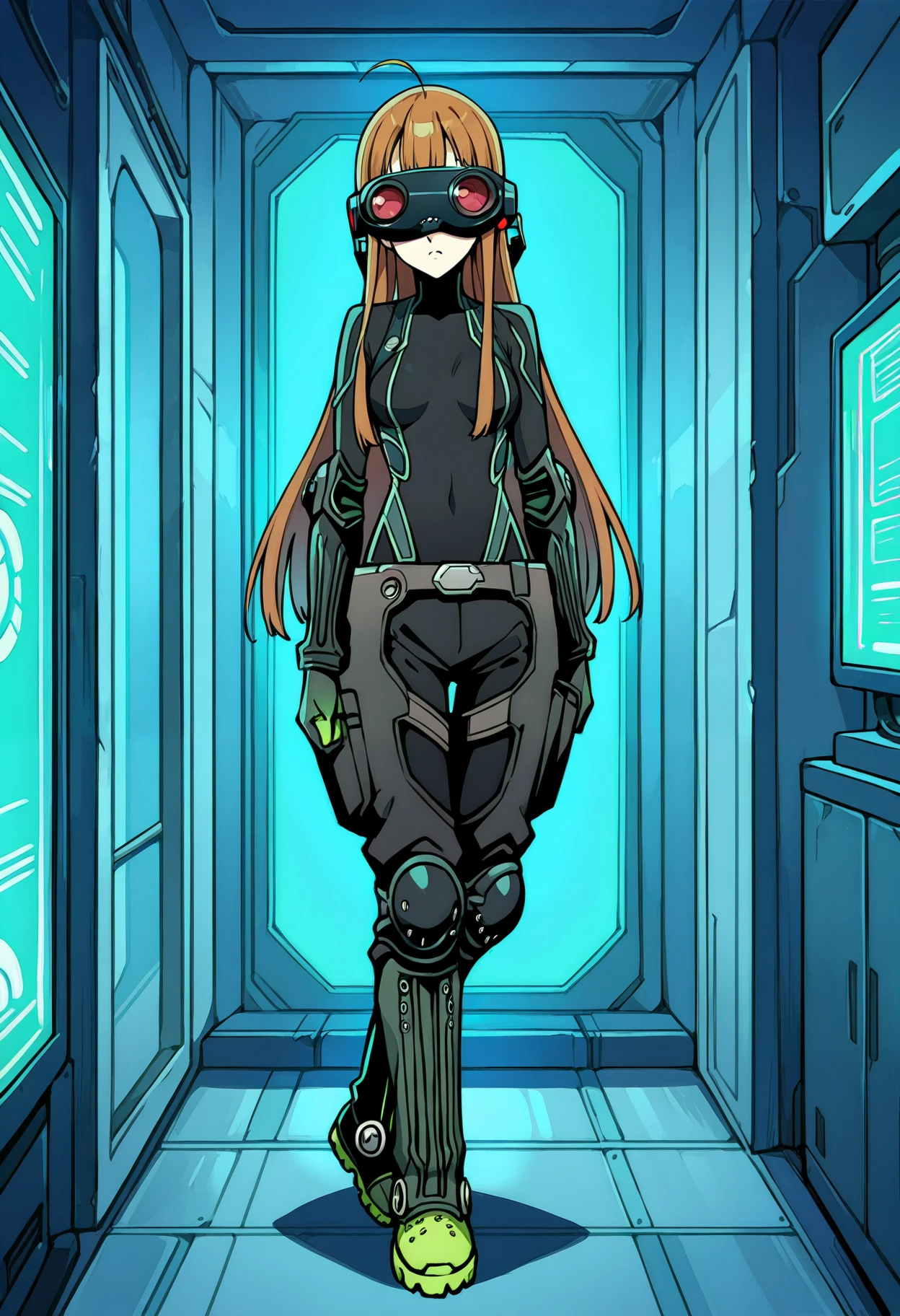1 girl, solo, cute face,
p5futaba, sakura futaba, long hair, blunt bangs, orange hair, ahoge,
p5futaba-oracle, black bodysuit, head-mounted display, goggles, gloves, green gloves, belt, knee pads, green footwear, neon trim, full body, from the side,
laboratory, standing, facing viewer,
masterpiece, best quality, ultra detailed, thin outlines