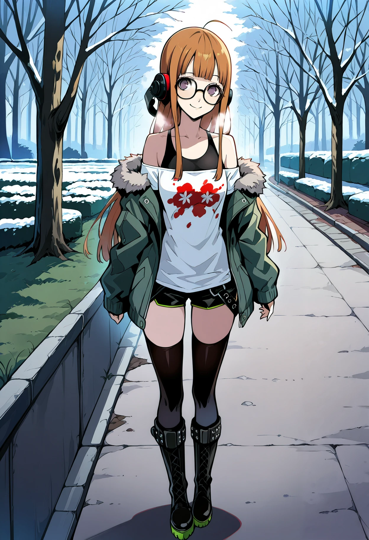 1 girl, solo, cute face,
p5futaba, sakura futaba, long hair, glasses, blunt bangs, orange hair, ahoge
p5-futaba-winter, behind-the-head headphones, fur-trimmed jacket, green jacket, shirt, tank top, off shoulder, bare shoulders, black shorts, black thighhighs, boots, knee boots, full body
outside, park, cold, standing, looking at viewer, smile,
masterpiece, best quality, ultra detailed, thin outlines