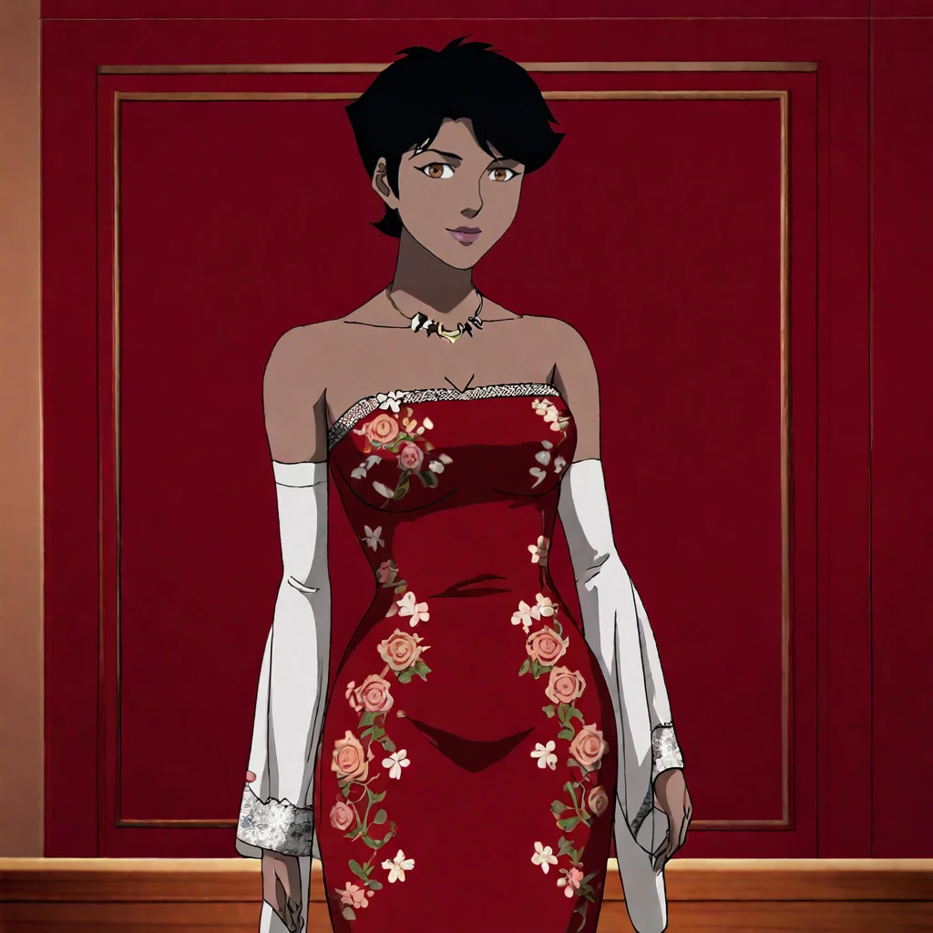 <lora:VixenCW_pony_v1:.8> MariCW, 1girl, dark skin, short hair, dark-skinned female, black hair, brown eyes, cowboy shot,, <lora:1007 Chinese wedding dress_v1_pony:1> ruanyi1007,bare shoulders,detached sleeves,red dress,floral print,strapless dress,