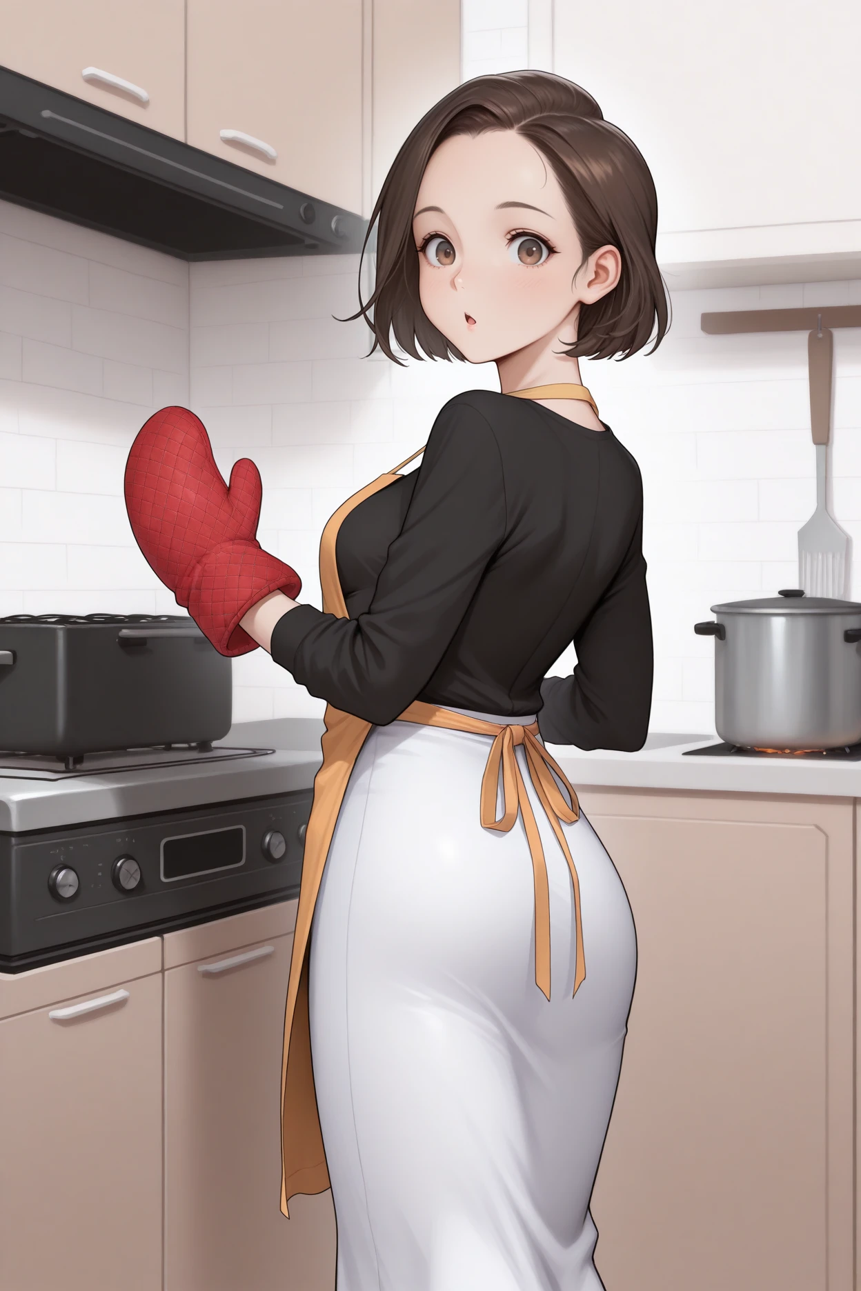 masterpiece, best quality, 1girl, solo <lora:ffellone-illu-nvwls-v1-000007:1> ffell, brown hair, short hair, brown eyes, forehead, black shirt, apron, white skirt, long skirt, kitchen, looking at viewer, oven mitts, chestnut mouth, surprised