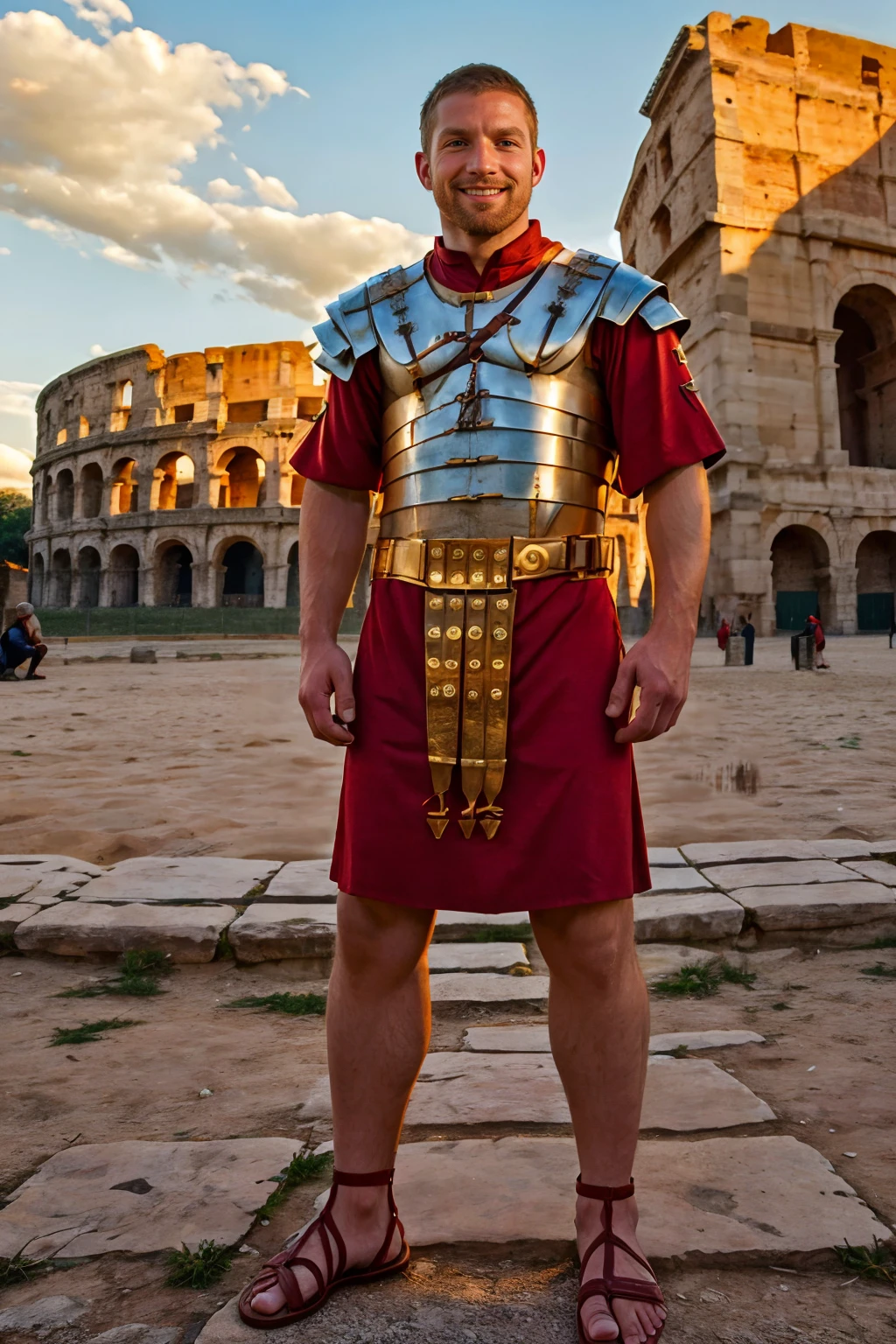 golden hour, roman city with Colosseum in the background, smiling, AdamHerst  is wearing loriseg armor, (red tunic), (red shirt), (sandals), slight smile, (((full body portrait))), full body, wide angle, (facing viewer) <lora:loriseg:0.7>  <lora:AdamHerst:0.8>