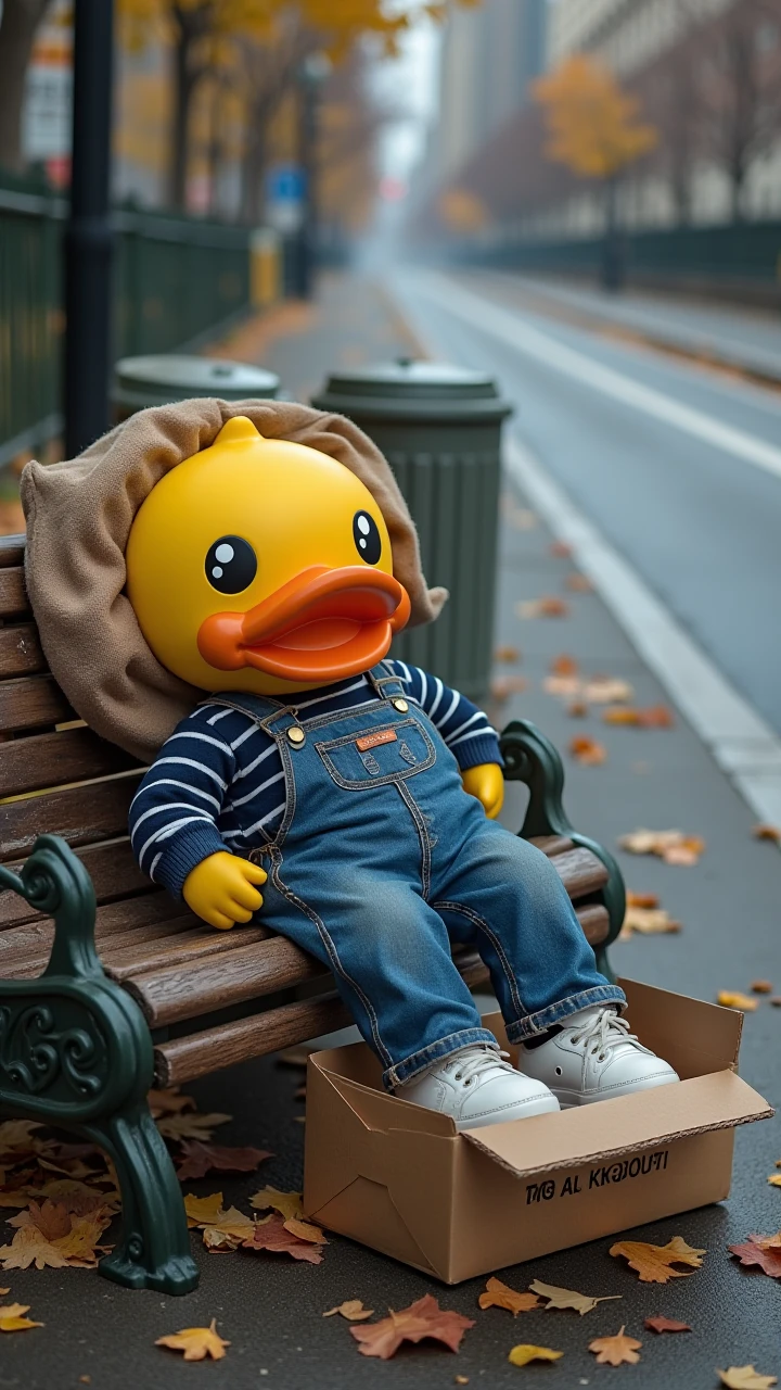 A life sized b. duck collapsed on a weathered park bench, wearing a blue striped sweater, stuffed into denim overalls and white sneakers, lying with its head tilted to one side, its head wrapped in a tattered box, awkwardly lying in a tattered cardboard box labeled with transportation details, with fallen leaves scattered on its feet. The urban background includes trash cans and a quiet and spacious street, emphasizing a sense of quiet obedience and humorous exhaustion. Cold and desolate