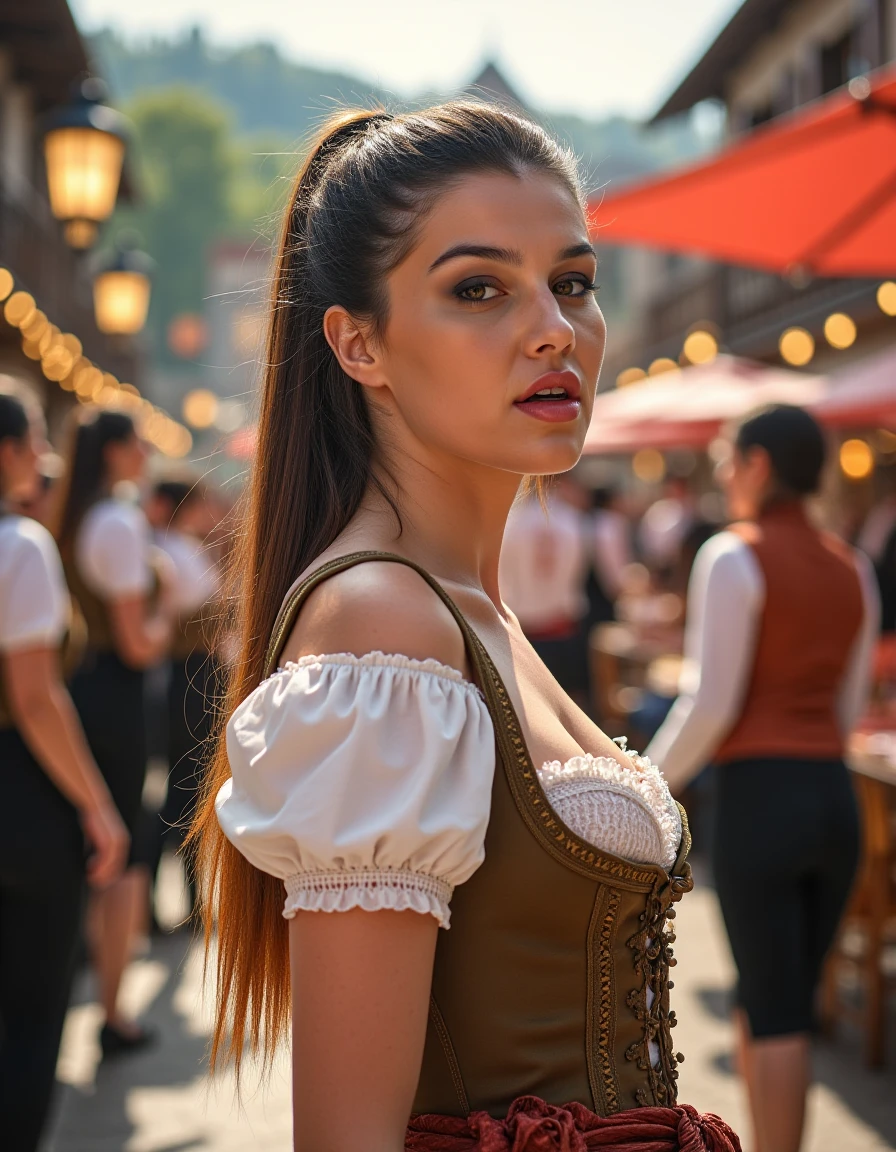 **Prompt:**
A woman stands proudly in front of a traditional Bavarian backdrop, her long ponytail cascading down her back like a golden waterfall. She wears a intricately detailed dirndl attire, complete with delicate lace and embroidery, perfectly capturing the essence of Oktoberfest. Side view.
The camera captures her from a 45-degree angle, emphasizing her slender neck and shoulders as she gazes directly at the viewer. Soft, warm light from a nearby lantern casts a flattering glow on her skin, accentuating her high cheekbones and full lips.
In the background, the real Oktoberfest festivities unfold: revelers in traditional attire dance and sing around tables laden with steins of beer, while others play lively tunes on accordions and brass instruments. The atmosphere is electric, with vibrant colors and sharp lines that create a sense of depth and dimensionality.
As the camera lingers, it becomes clear that this woman is not just any festival-goer â she's the star of the show. Her dirndl attire is immaculately detailed, from the intricate patterns on her apron to the delicate flowers in her hair. Every stitch, every thread, every detail is meticulously rendered, creating a photorealistic masterpiece.
In a stunning double exposure effect, the woman's image is superimposed over a blurred background of revelers and festivities, creating an otherworldly sense of presence. The result is a truly cinematic scene that transports the viewer to the heart of Oktoberfest.
**Technical Specifications:**
* Resolution: 16k UHD
* Aspect Ratio: 1:1
* Frame Rate: 24fps
* Color Space: Rec. 2020
* Lighting: Soft, warm natural light with subtle highlights and shadows
This image is a true masterpiece, showcasing the artist's skill and attention to detail in capturing the essence of Oktoberfest. With its ultra-sharp lines, intricate details, and photorealistic quality, it's sure to be an award-winning work that leaves a lasting impression on all who see it.