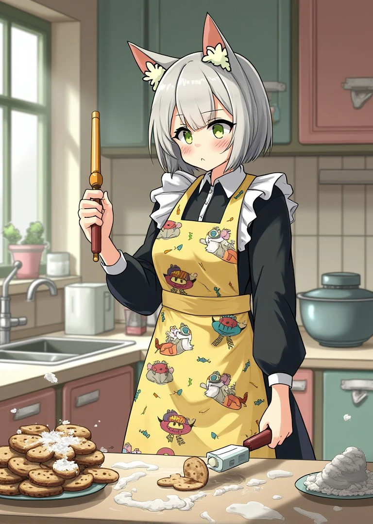 <lora:kaltsit-from-arknights-fluxv1:0.7> Kaltsit
Kaltsit stands in the middle of a chaotic kitchen, wearing a retro 1950s-inspired apron covered in colorful, mismatched cat patterns over her usual black-and-white outfit. Her hair is slightly messy, and a streak of flour decorates her cheek. She holds a rolling pin in one hand, staring blankly at a robotic assistant tangled in dough. Behind her, burnt cookies are stacked on a plate, and a mixing bowl lies overturned on the counter.
Style:
Cartoonish realism with vibrant colors and exaggerated expressions. The kitchen is cozy but cluttered, filled with pastel-toned appliances and flour dust floating in the air.
Camera effects:
The camera is angled slightly above, capturing Kaltsit’s exasperated expression and the chaotic state of the kitchen around her. Soft, warm lighting enhances the comedic tone of the scene.