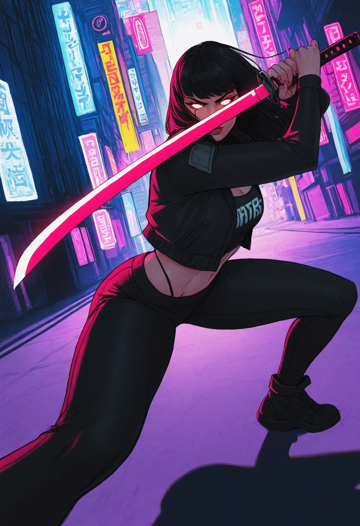 ne0npunk, holding glowing katana, fighting pose, 1girl, solo, glowing eyes, cyberpunk, city, shadow, best quality, masterpiece, <lora:NeonPunkIllustrious:0.8>